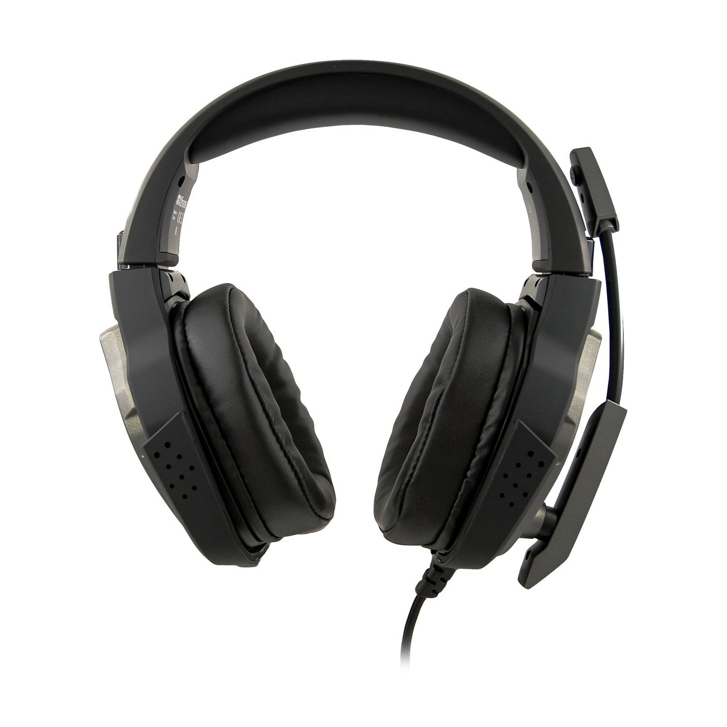 Cuffie da gaming nere con padiglioni, archetto e microfono su sfondo bianco. Un cavo esce dal padiglione sinistro.