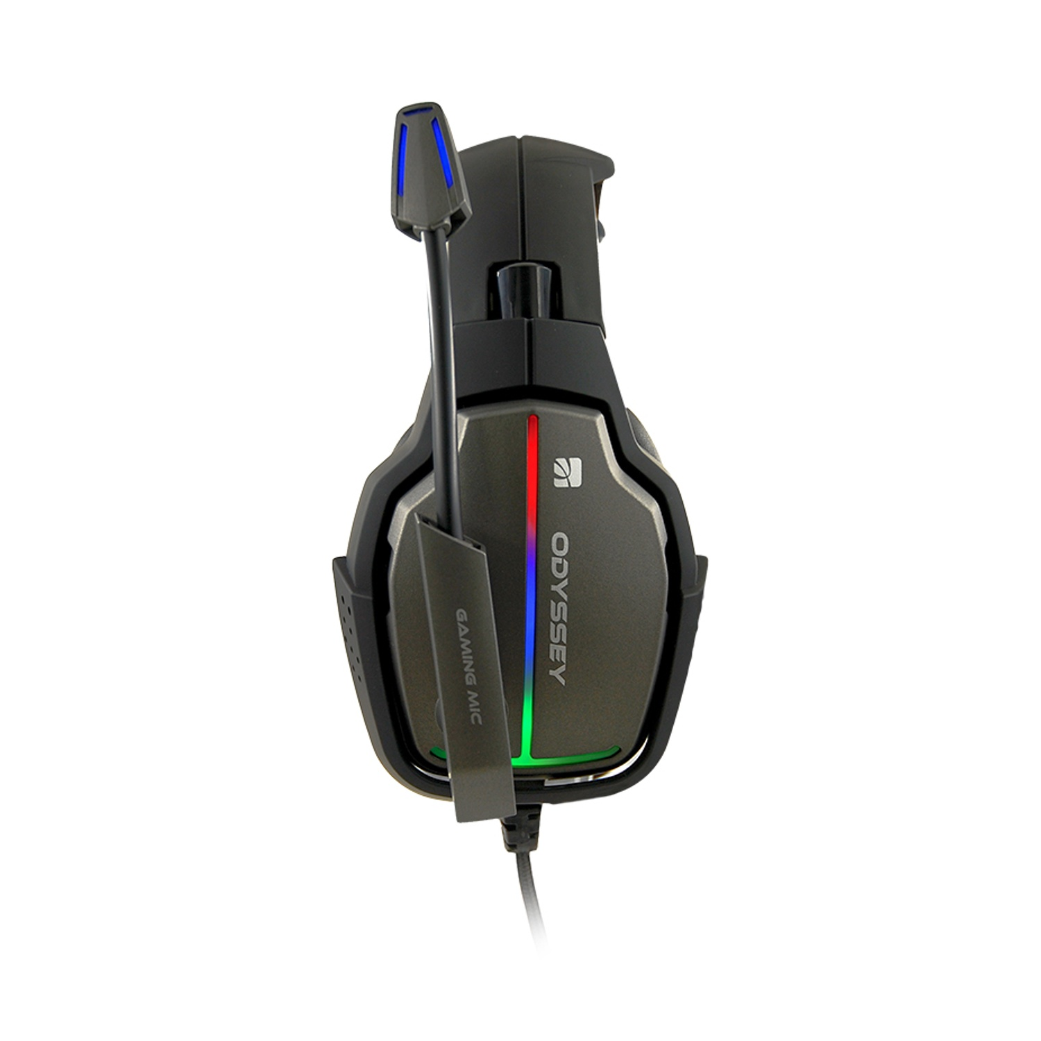 Una cuffia da gioco nera con microfono. La cuffia ha l'illuminazione RGB e la parola "ODYSSEY" è visibile.