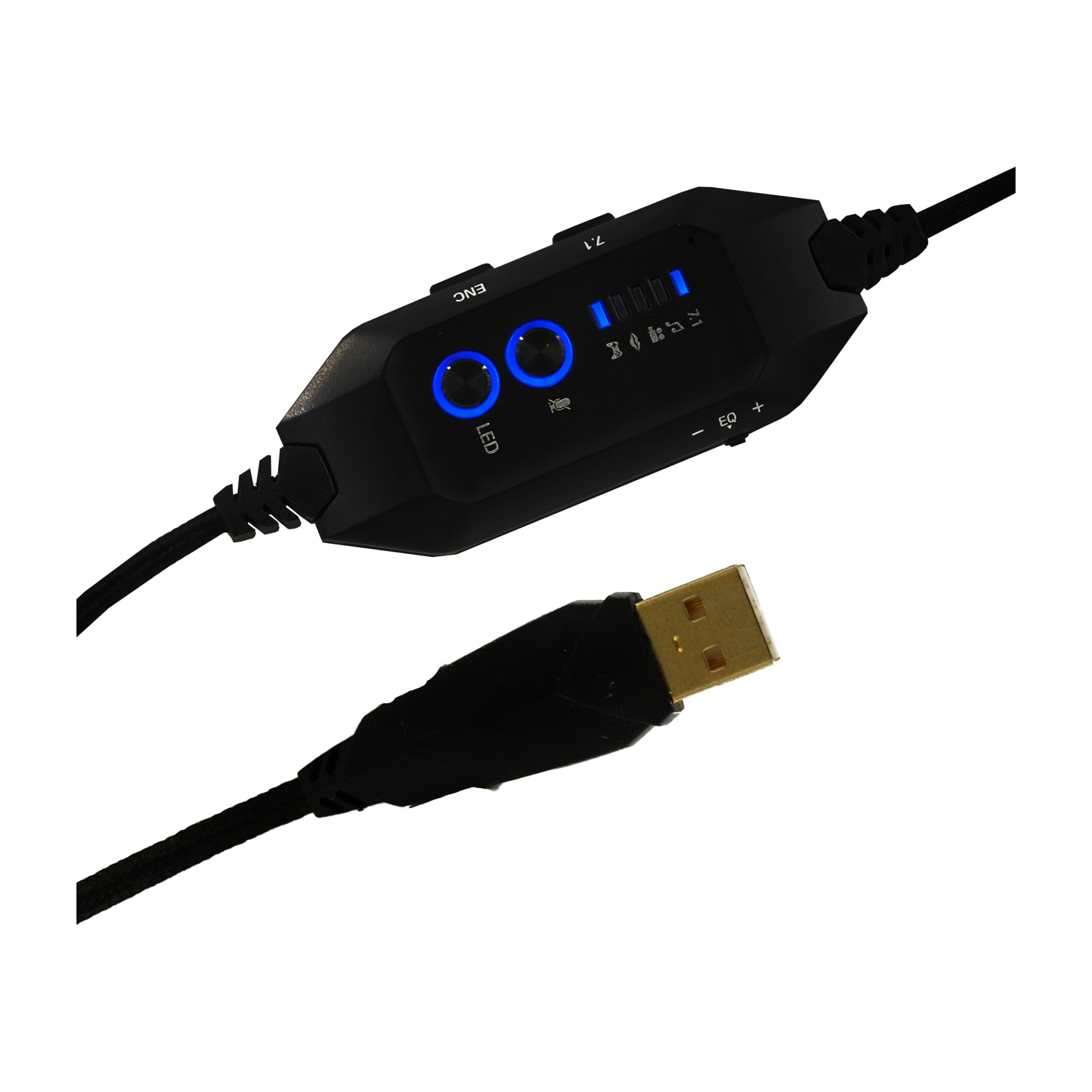 Dispositivo audio USB nero con unità di controllo. Ha luci LED blu e un connettore USB. Isolato su sfondo bianco.