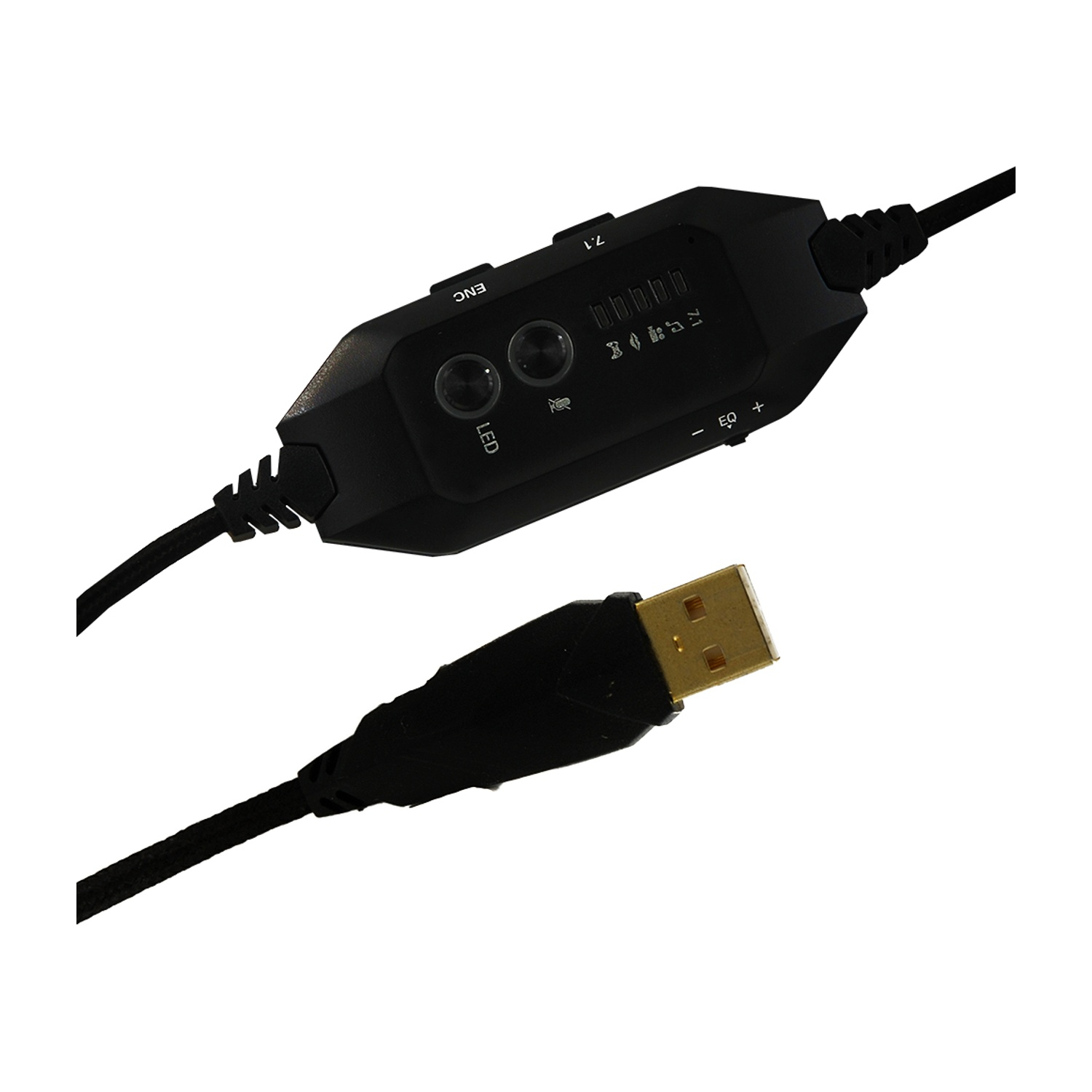 Controllo cuffie USB nero con pulsanti e indicatori. È visibile un connettore USB con punta dorata.