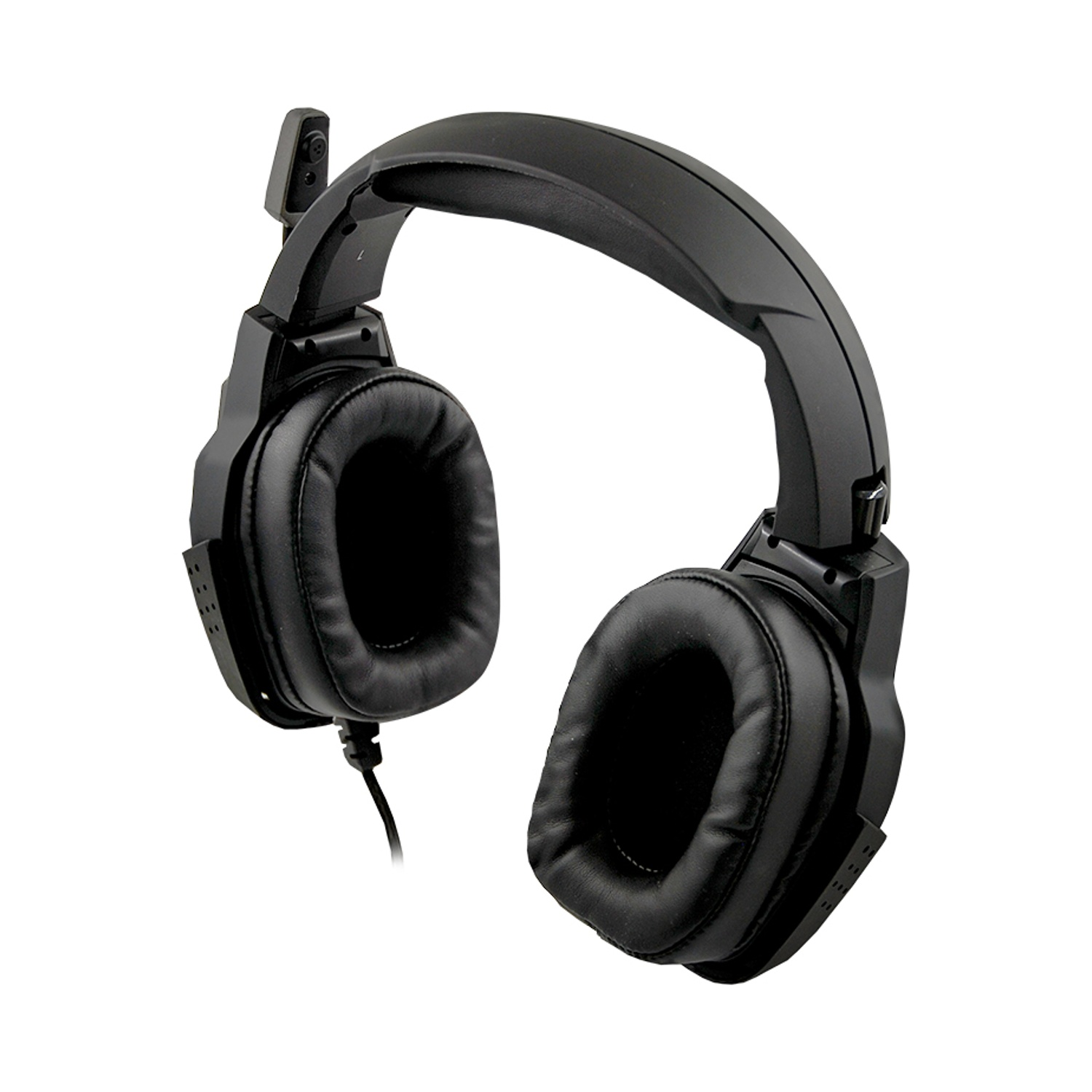 Cuffie da gaming nere con microfono. I padiglioni sono imbottiti. Le cuffie sono su sfondo bianco. È visibile un cavo nero.