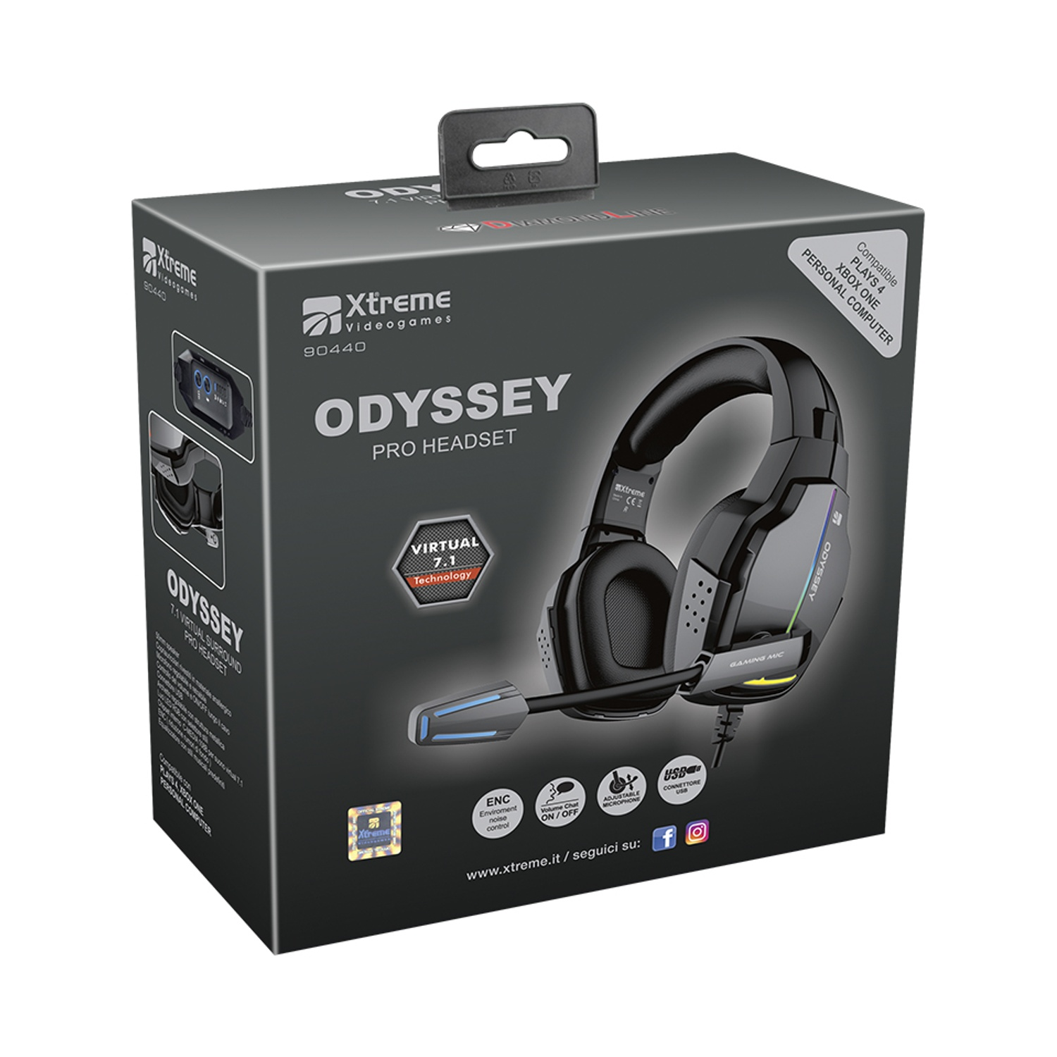 Scatola nera con immagine di cuffie. Il testo include 'Odyssey Pro Headset', 'Virtual 7.1 Technology' e 'Compatibile con Xbox, PC'.