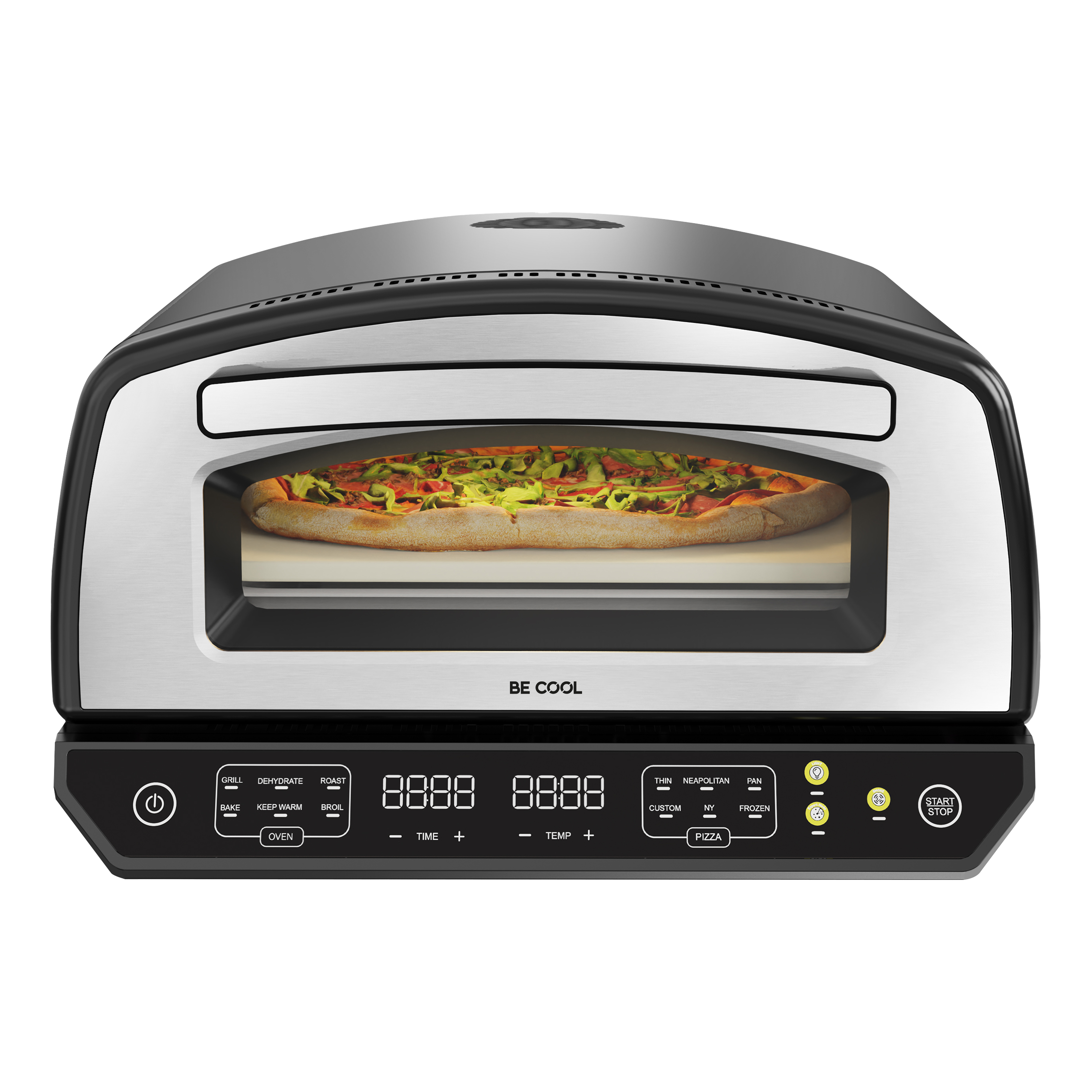 Ein Pizzaofen mit einer Pizza darin. Es hat einen schwarzen Rahmen und silberne Akzente. Der Ofen hat digitale Anzeigen.