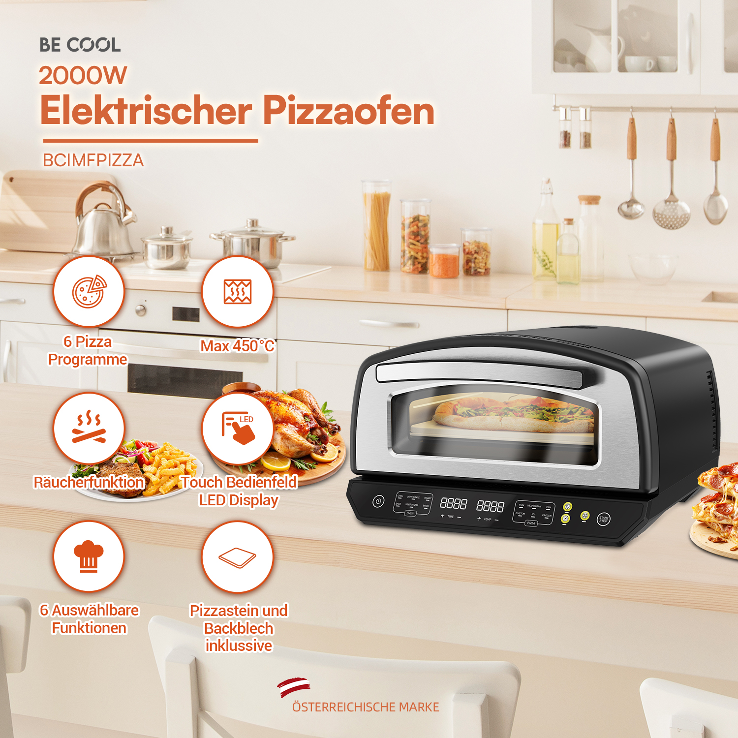 Elektrischer Pizzaofen mit Pizza im Inneren, verschiedenen Funktionssymbolen und Textetiketten. Eine Pizzaschnitte rechts.