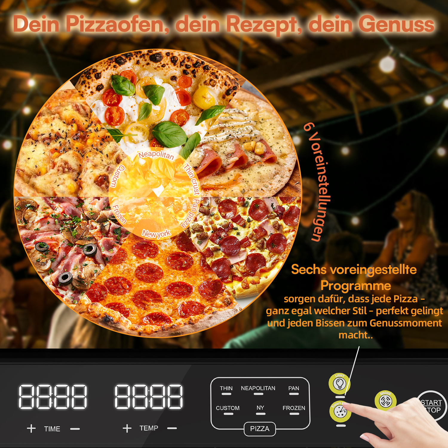 Das Bild zeigt verschiedene Pizzasorten: Neapolitanisch, New York, Dünner Teig usw. Unten befindet sich ein Bedienfeld für den Pizzaofen.
