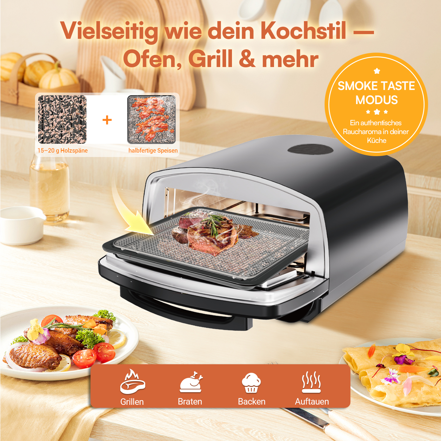 Ein elektrischer Grill mit Essen darin. Zutaten, ein Teller mit Essen und Text auf Deutsch. Die Worte "Smoke Taste Modus" sind sichtbar.