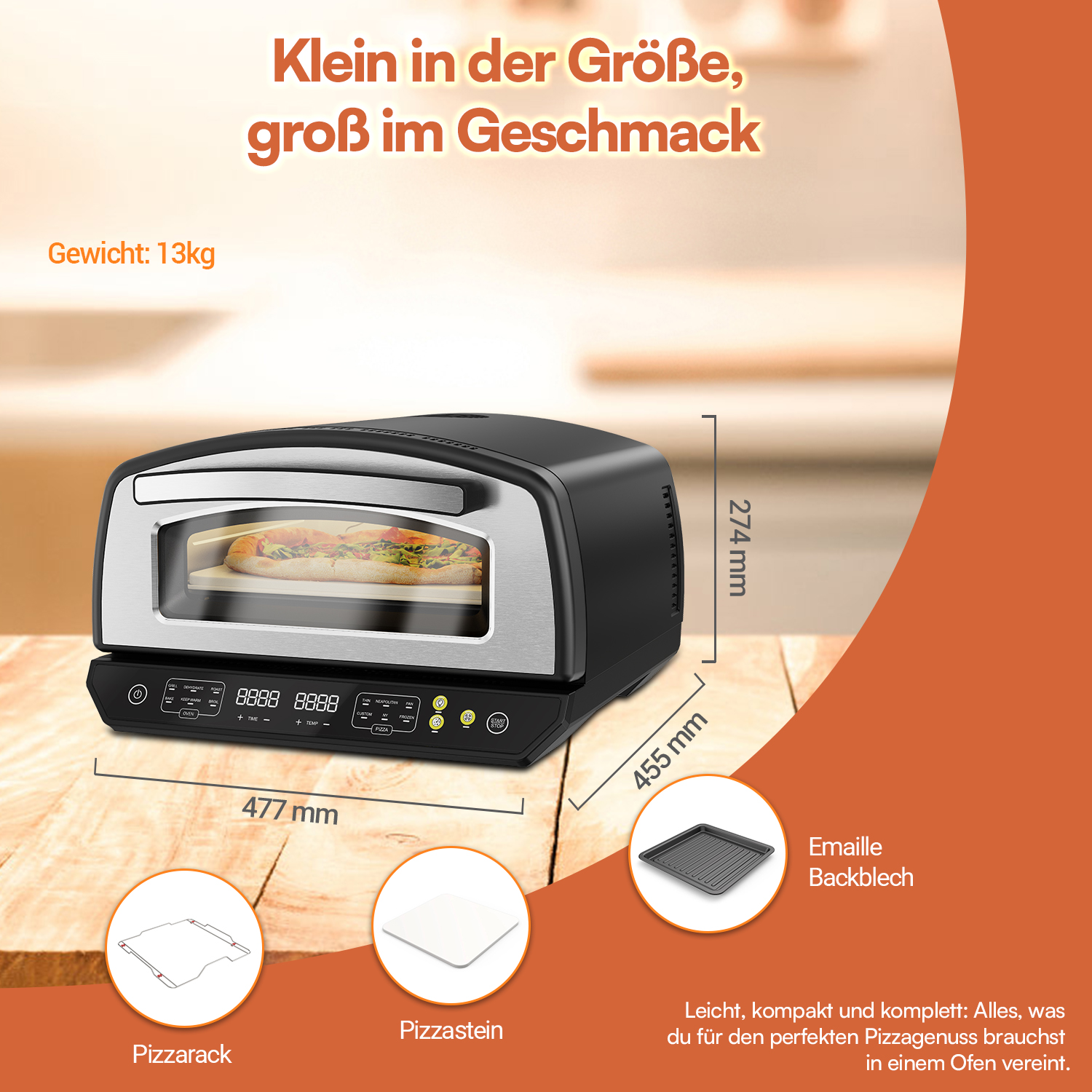 Ein kompakter Pizzaofen. Er hat einen schwarzen Körper und eine silberne Front. Das Bild zeigt Abmessungen und Zubehör wie Pizzarack und Stein.
