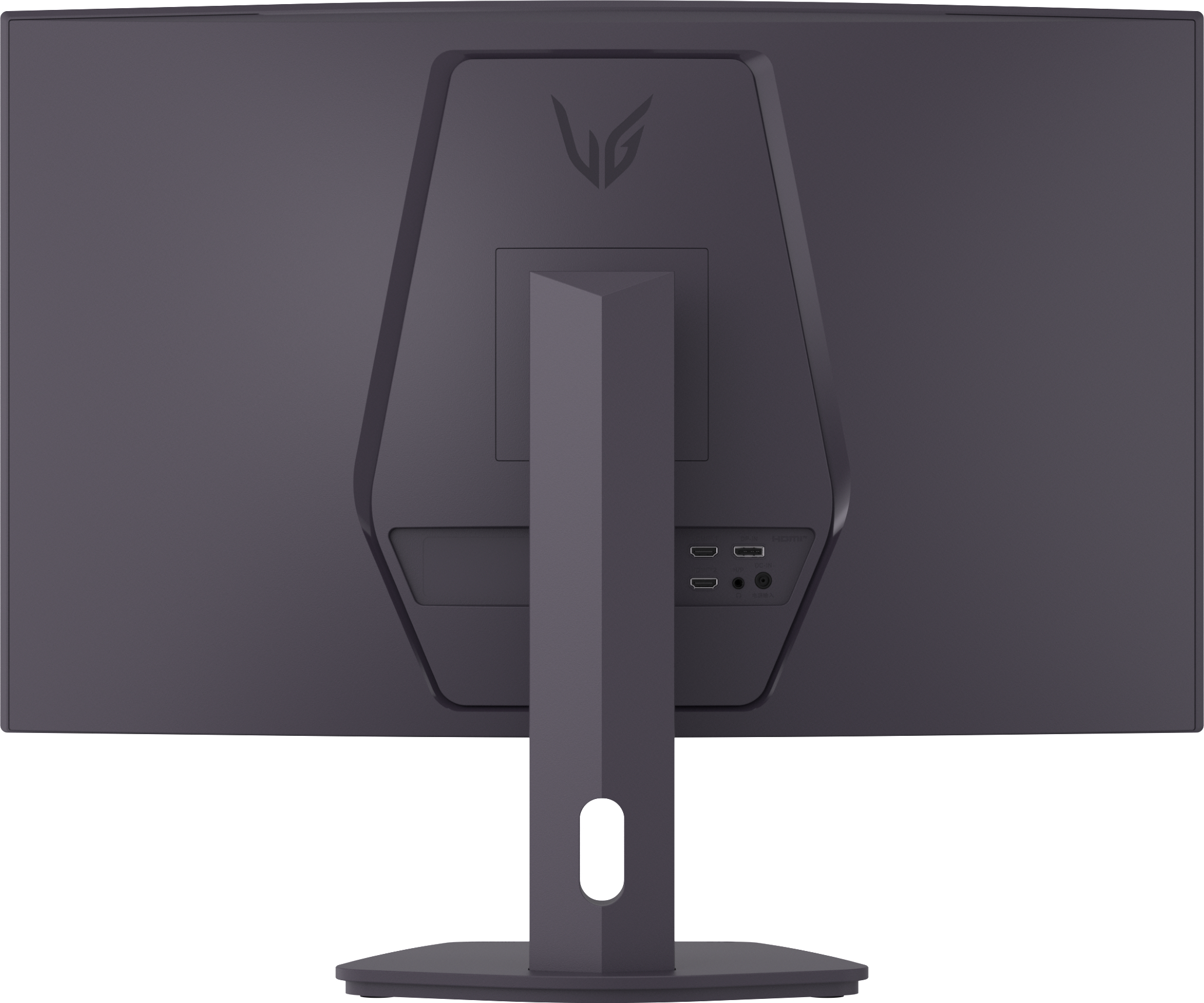 Die Rückseite eines grauen Computermonitors. Es hat einen Ständer und Anschlüsse. Das LG-Logo befindet sich oben.