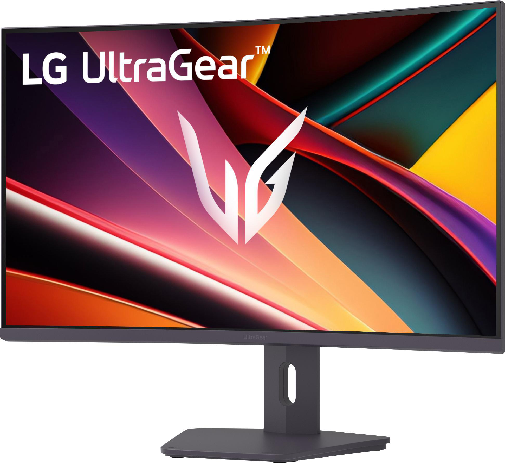 LG UltraGear Monitor. Er hat einen gebogenen Bildschirm und einen Ständer. Der Bildschirm zeigt ein farbenfrohes abstraktes Bild.