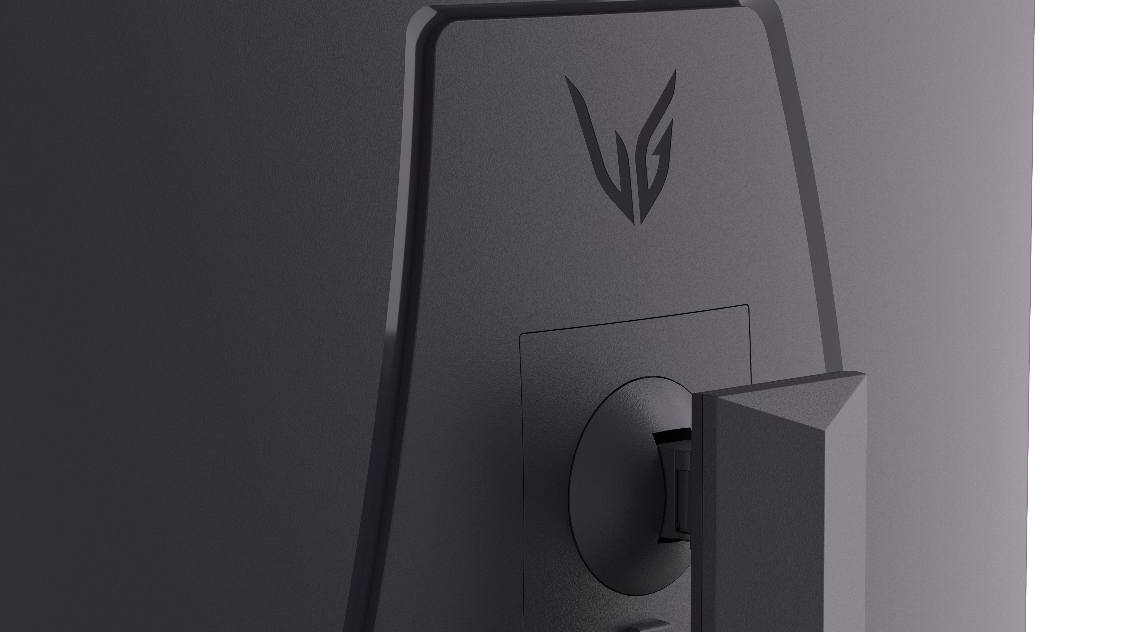 Nahaufnahme der Rückseite eines schwarzen Monitors. LG-Logo sichtbar. Der Monitorständer ist befestigt. Grauer und weißer Hintergrund.