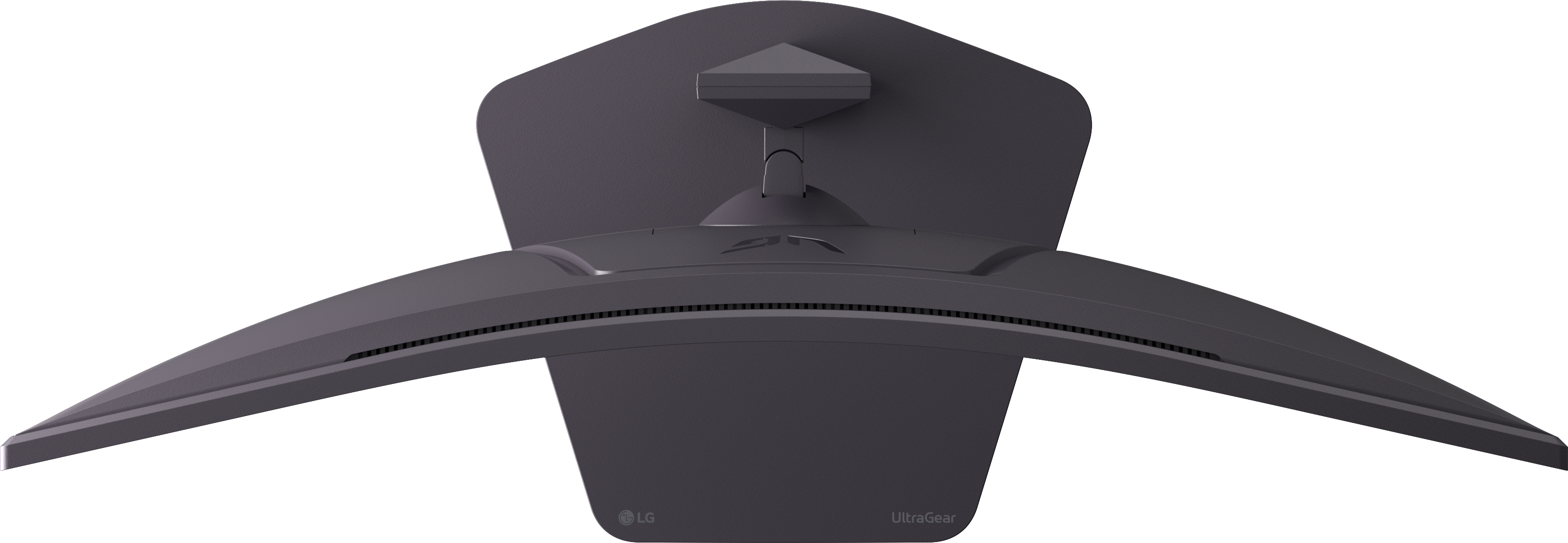 Ein dunkelgrauer, gebogener Monitor, von oben gesehen. Er hat einen Ständer und die Logos von LG und UltraGear sind sichtbar.