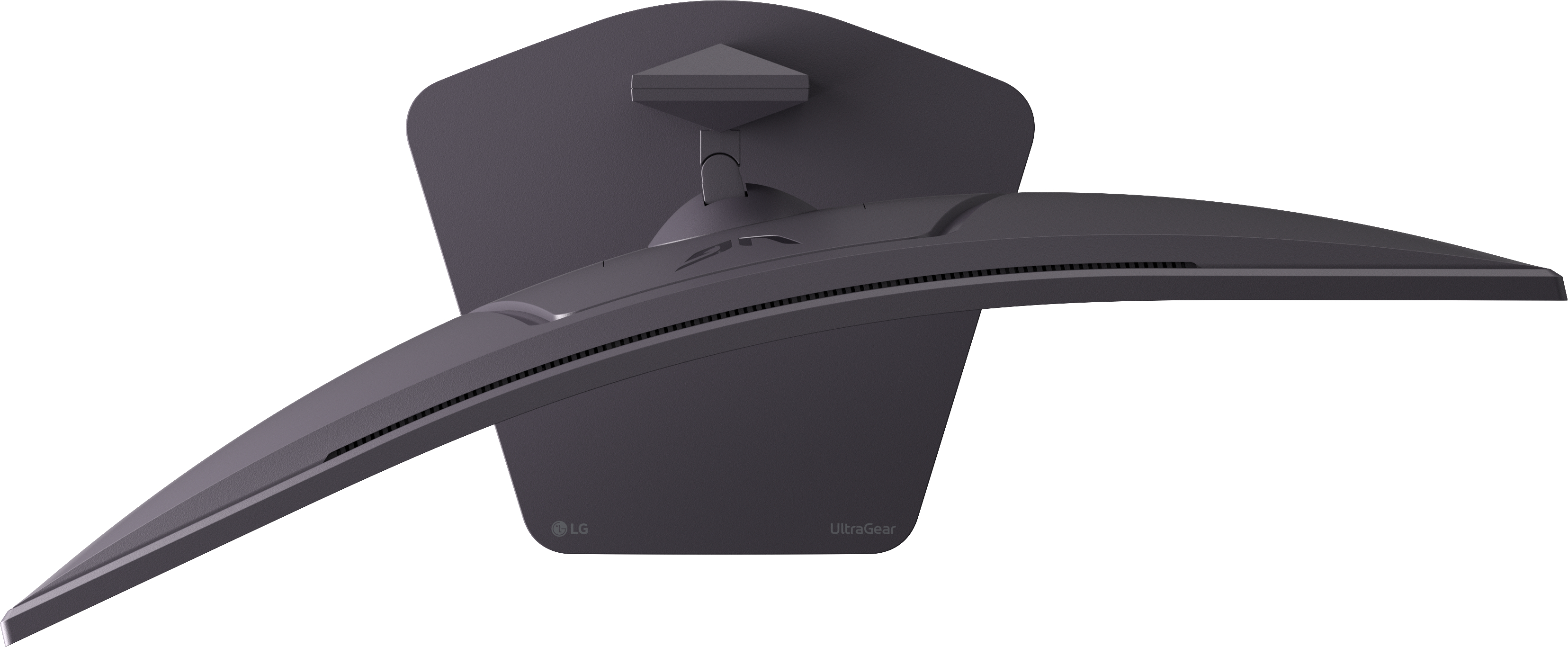 Ein gebogener, dunkelgrauer Computermonitor aus der Vogelperspektive, mit sichtbarem Ständer. Das LG UltraGear-Logo ist sichtbar.