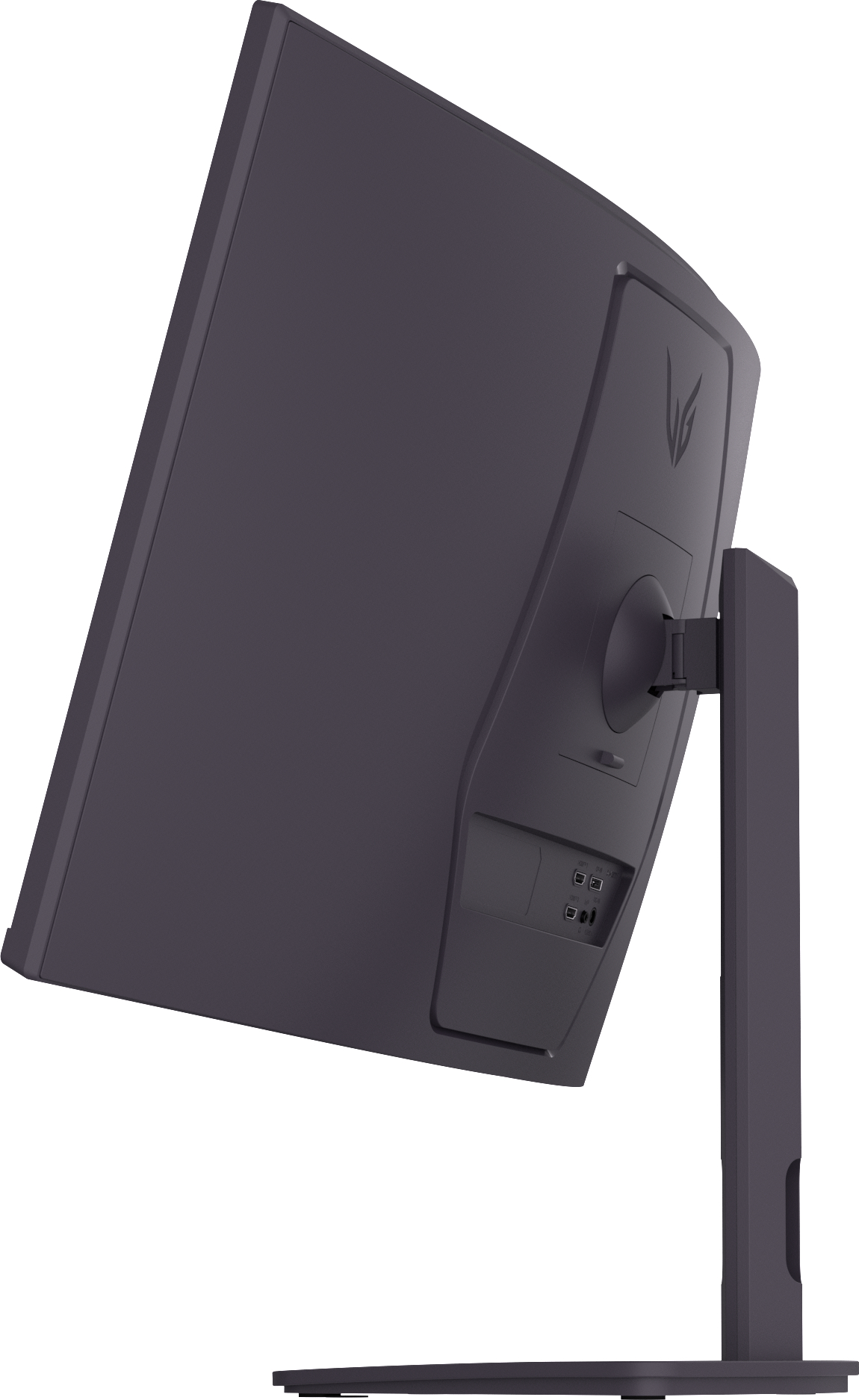 Dunkelgrauer, gewölbter Computermonitor. Die Rückseite zeigt Anschlüsse und einen Ständer. LG-Logo sichtbar.
