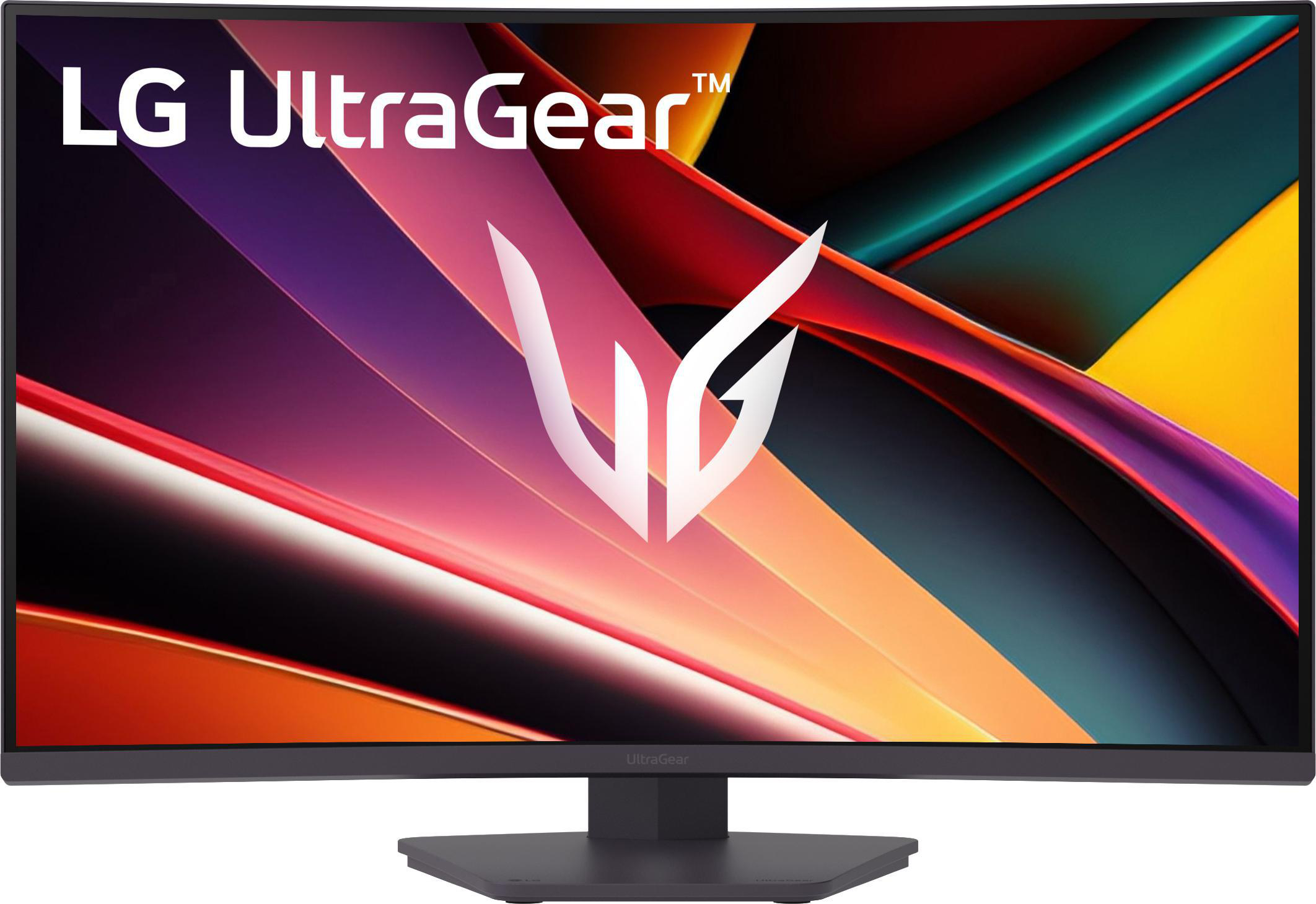 LG UltraGear Monitor mit gewölbtem Bildschirm. Der Bildschirm zeigt ein farbenfrohes abstraktes Design. Der Monitor steht auf einem dunklen Ständer.