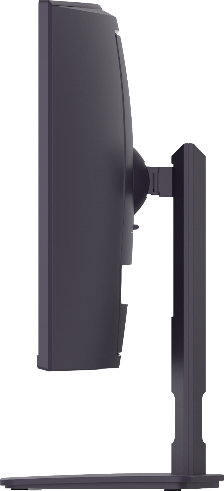 Seitenansicht eines schwarzen Computermonitors. Er hat einen gebogenen Bildschirm, einen Ständer und einen Sockel. Der Monitor steht vor weißem Hintergrund.