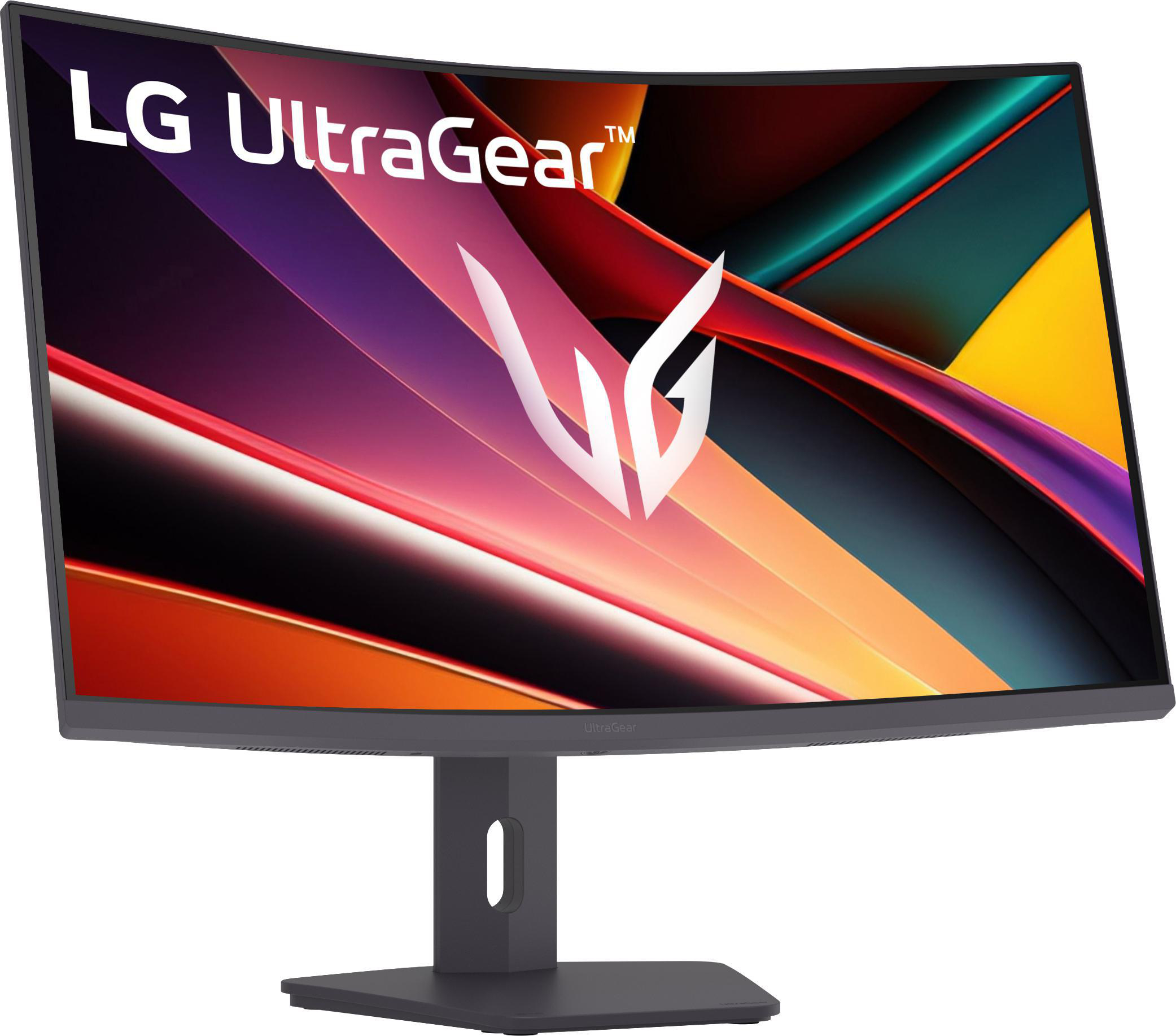 Gebogener LG UltraGear Monitor. Bildschirm zeigt abstraktes, farbenfrohes Design. Grauer Ständer, Sockel und Blende.
