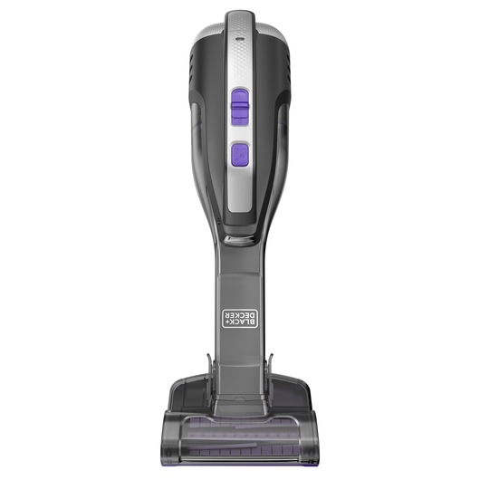 Ein schwarzer und silberner Black+Decker-Handstaubsauger. Er hat lila Knöpfe und einen transparenten Staubbehälter.
