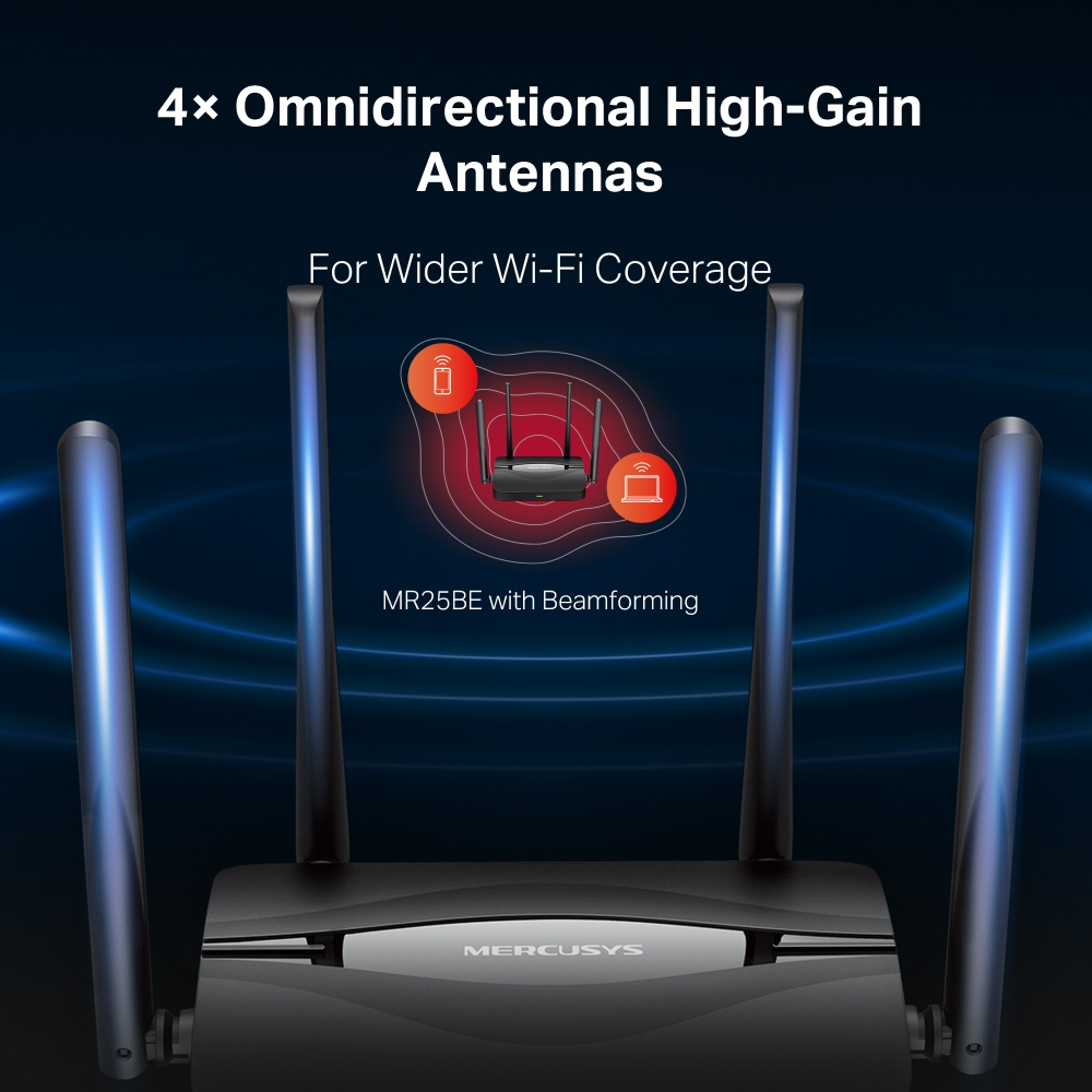 Görselde dört antenli siyah bir yönlendirici var. Metin daha geniş Wi-Fi kapsama alanını vurgular. Marka MERCUSYS'tir.