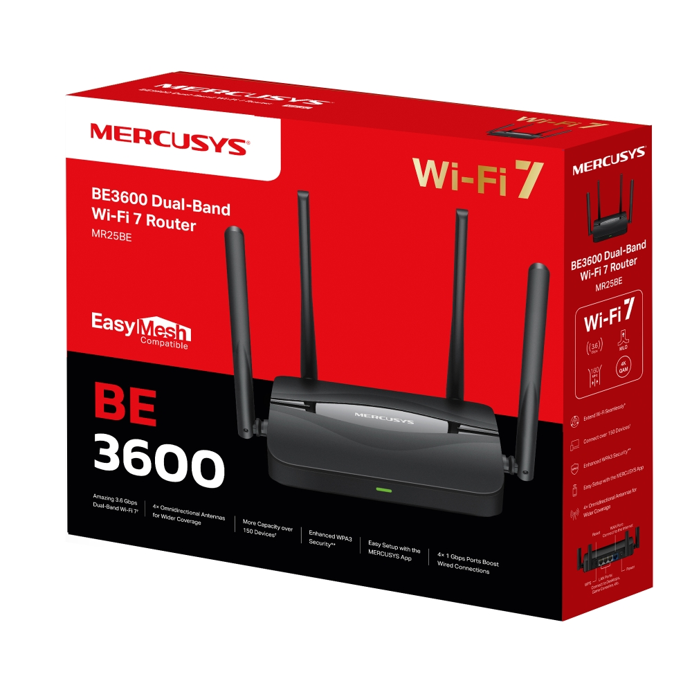 Bir Mercusys BE3600 Wi-Fi 7 yönlendirici kutusu. 4 antenli siyah yönlendirici görüntüleniyor. Metin, Wi-Fi 7, EasyMesh ve özellikleri içerir.