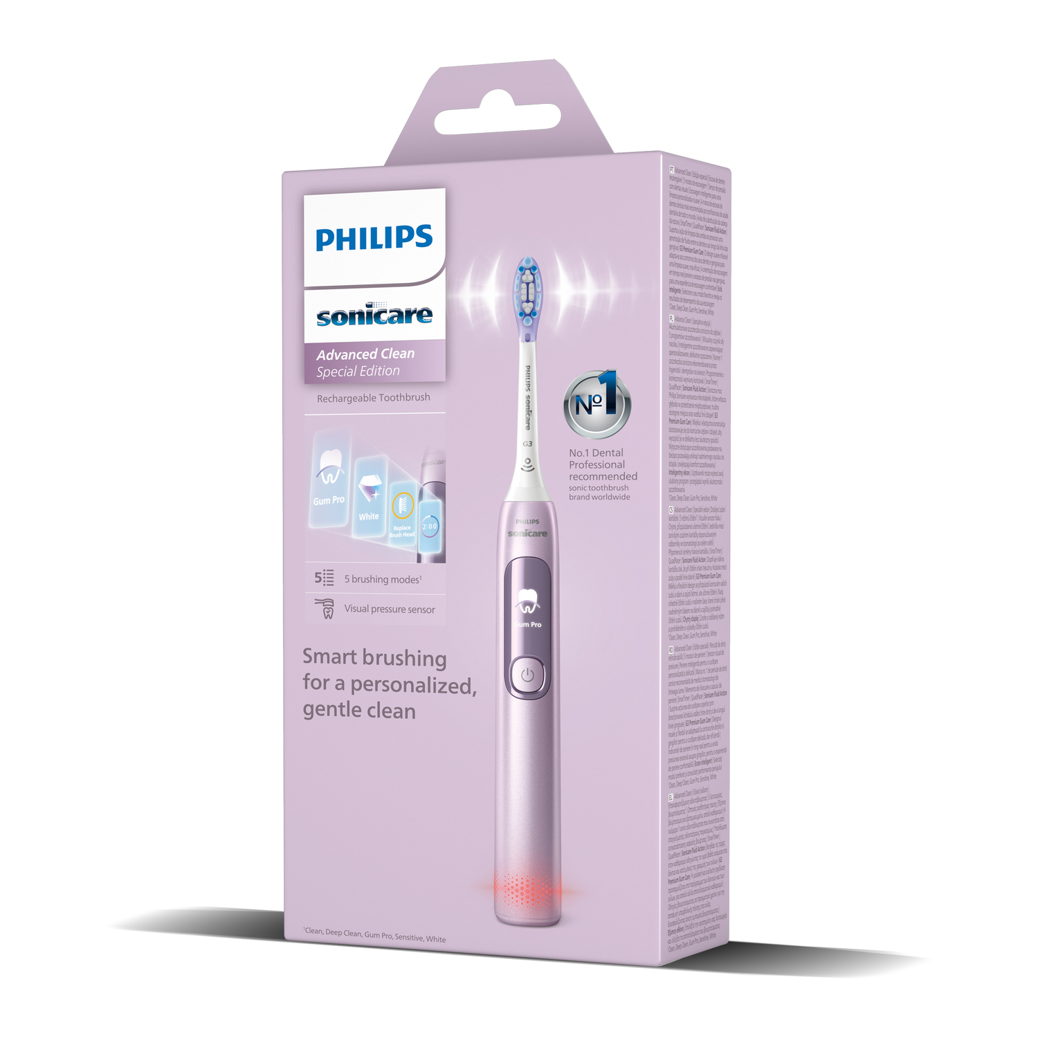 Una caja de cepillo de dientes Philips Sonicare. La caja es morada y muestra el cepillo de dientes. El texto incluye 'sonicare' y 'Advanced Clean'.