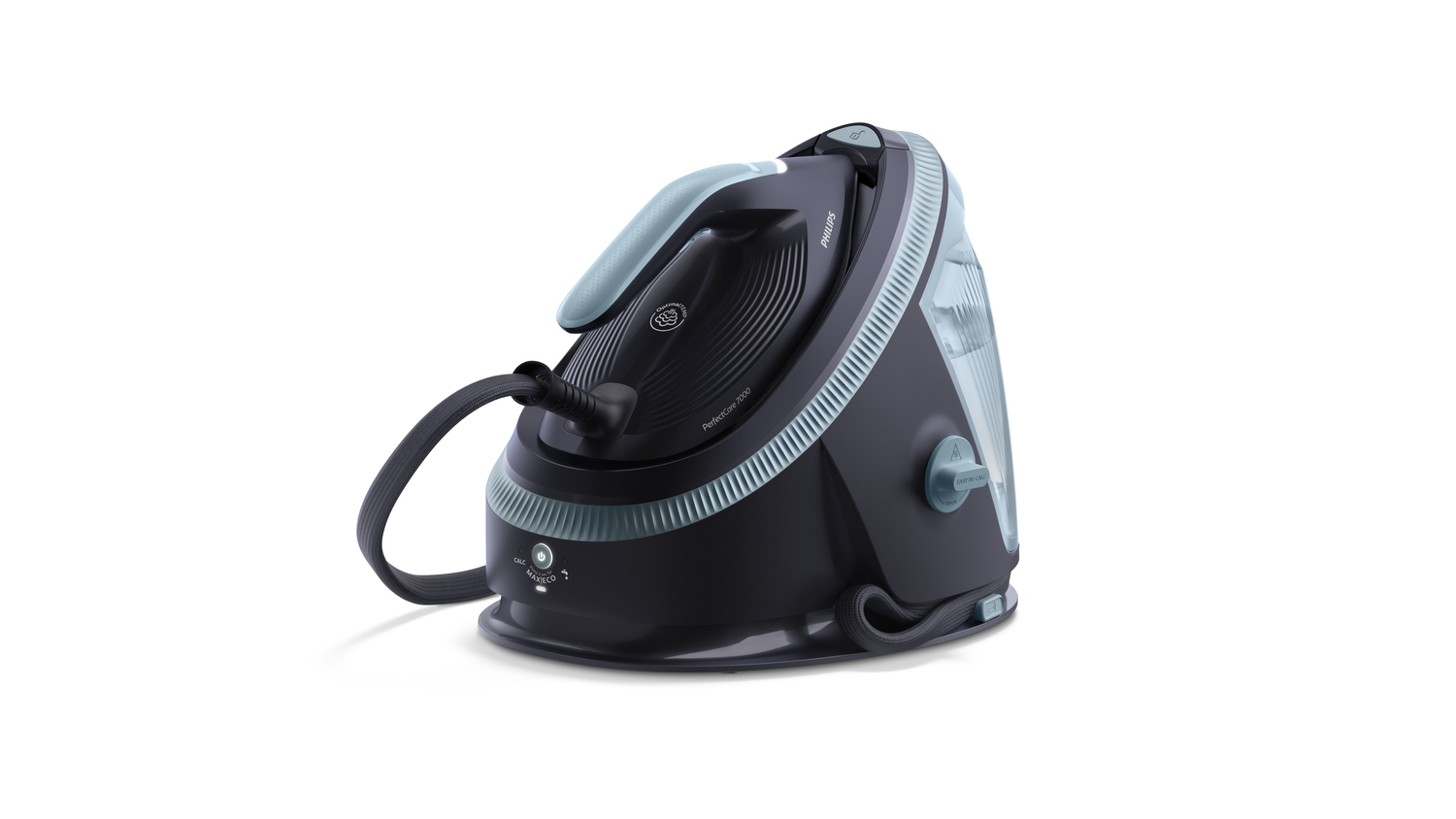 Una plancha de vapor Philips PerfectCare 7000 negra y azul claro sobre fondo blanco. Tiene asa, depósito de agua y cable.