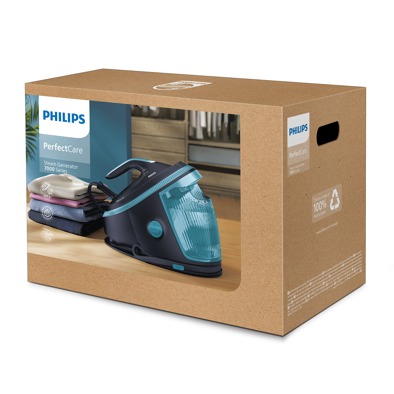 Una plancha con generador de vapor Philips PerfectCare en su caja de cartón, con ropa a un lado. La caja tiene una ventana para ver la plancha.