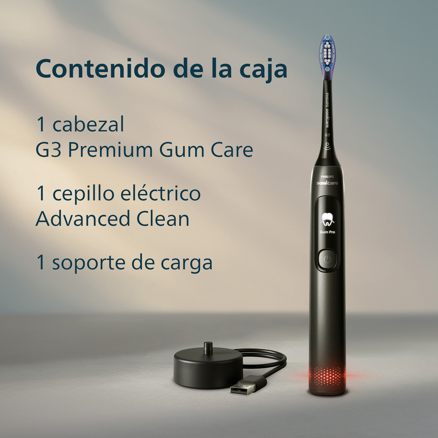 Contenido de la caja. 1 cabezal G3 Premium Gum Care. 1 cepillos eléctrico Advanced clean. 1 soporte de carga.