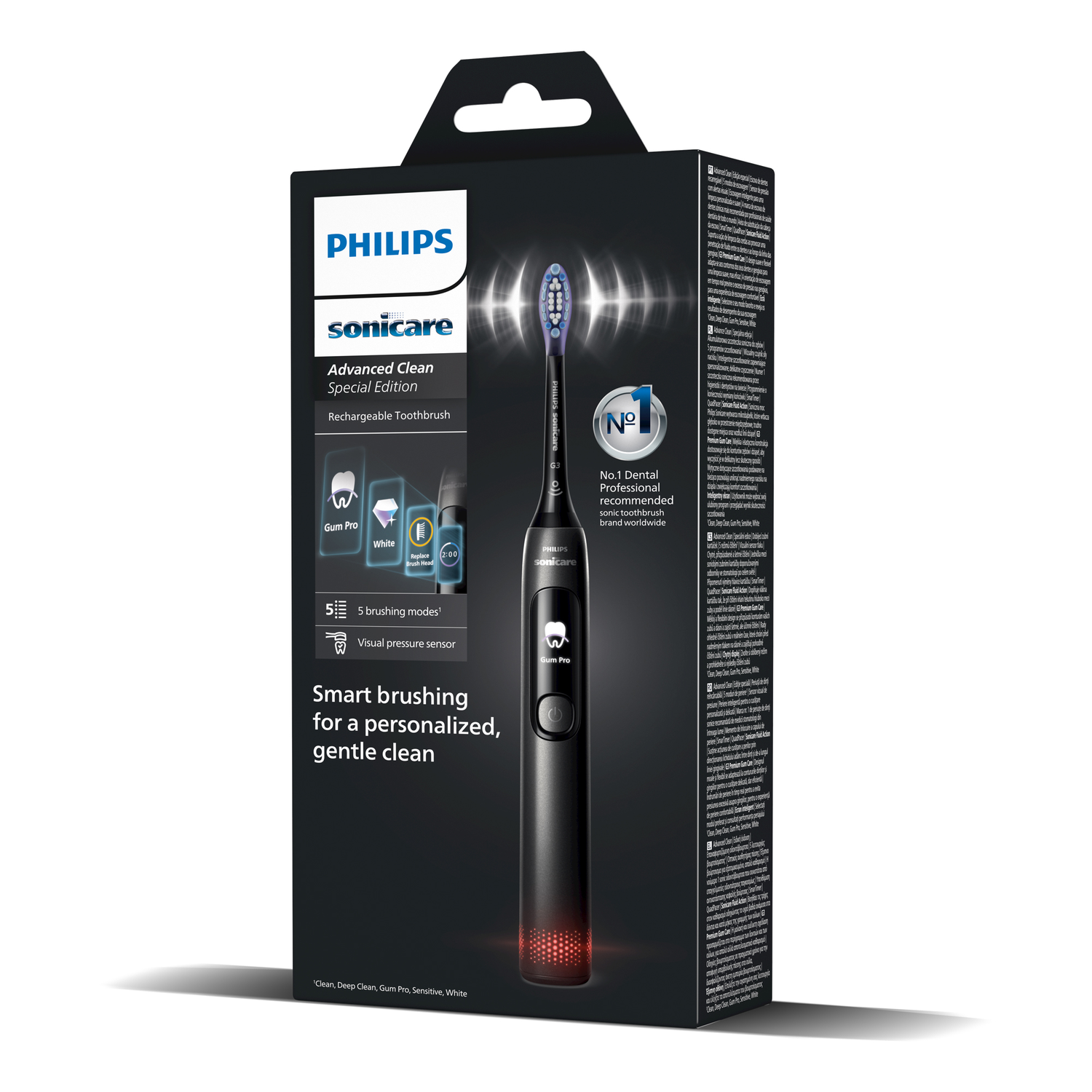 Cepillo de dientes Philips Sonicare negro en caja, con primer plano del cabezal y características del producto.