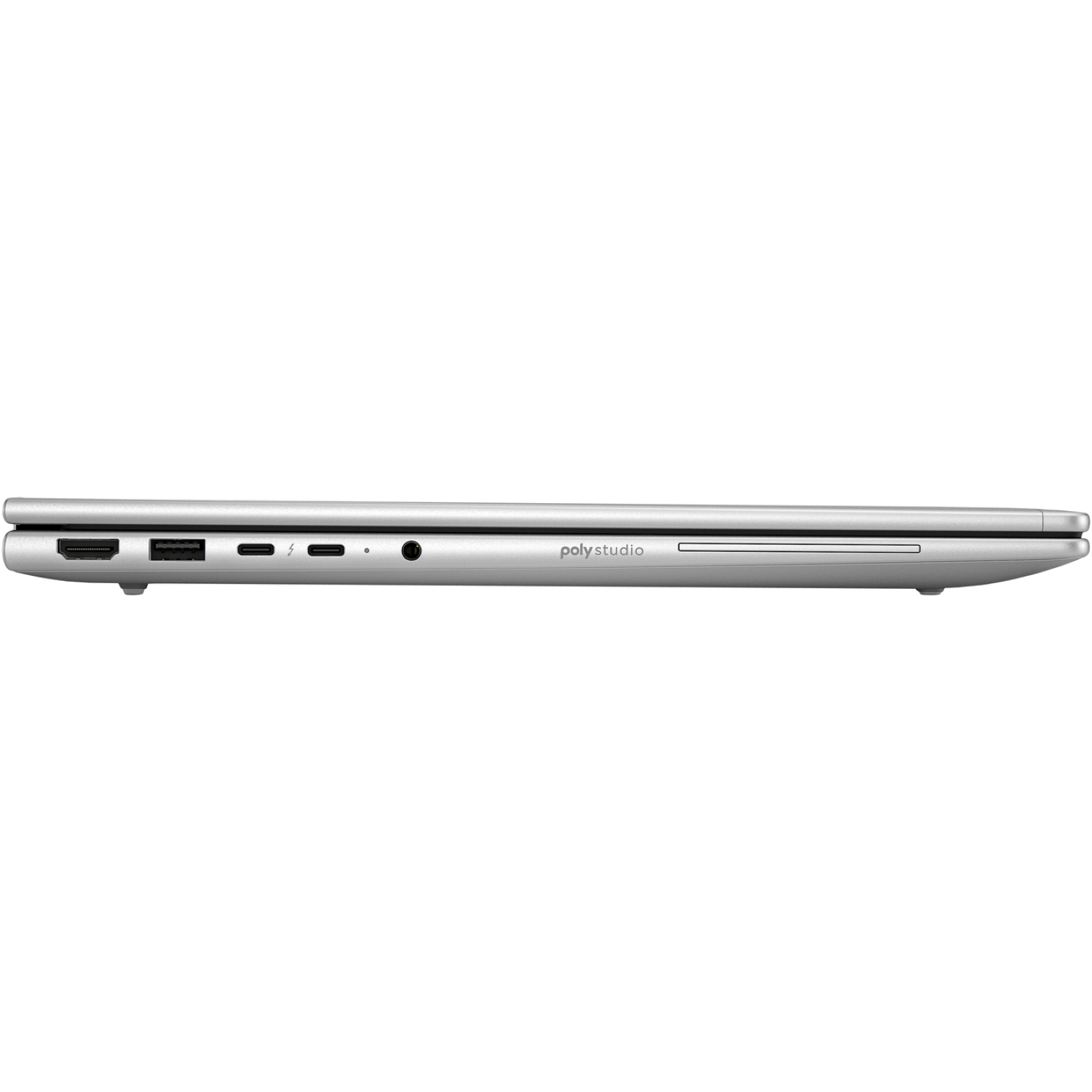 Zijaanzicht van een zilveren laptop. Poorten zijn onder meer HDMI, USB en audio-aansluiting. Het merk "polystudio" is zichtbaar.