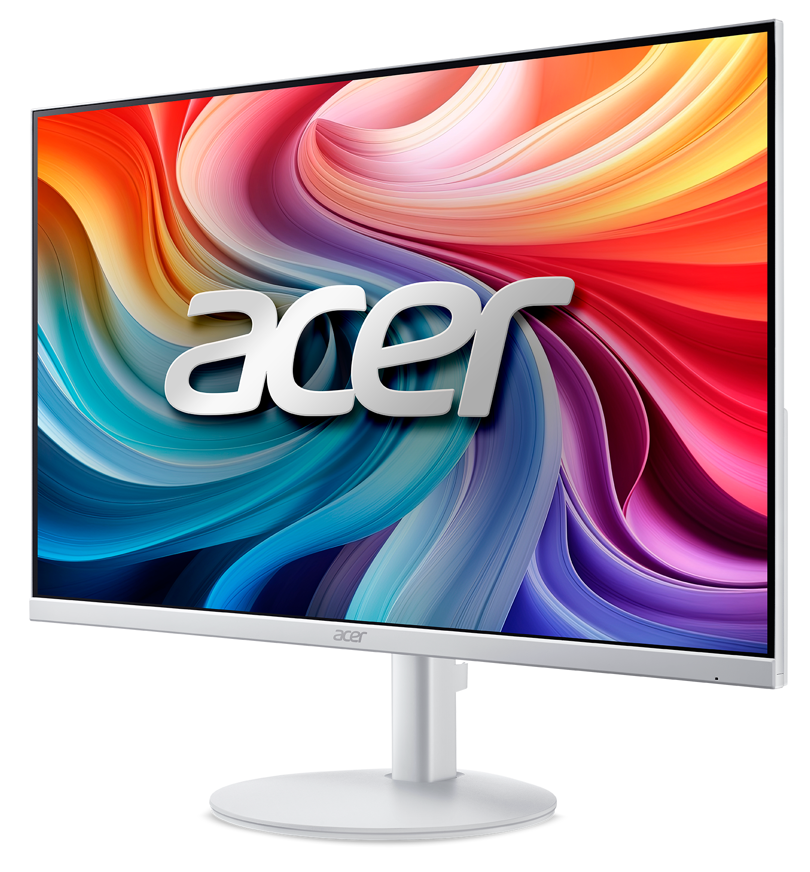 Monitor Acer z kolorowym, abstrakcyjnym tłem. Biała ramka, podstawa. Logo Acer widoczne.