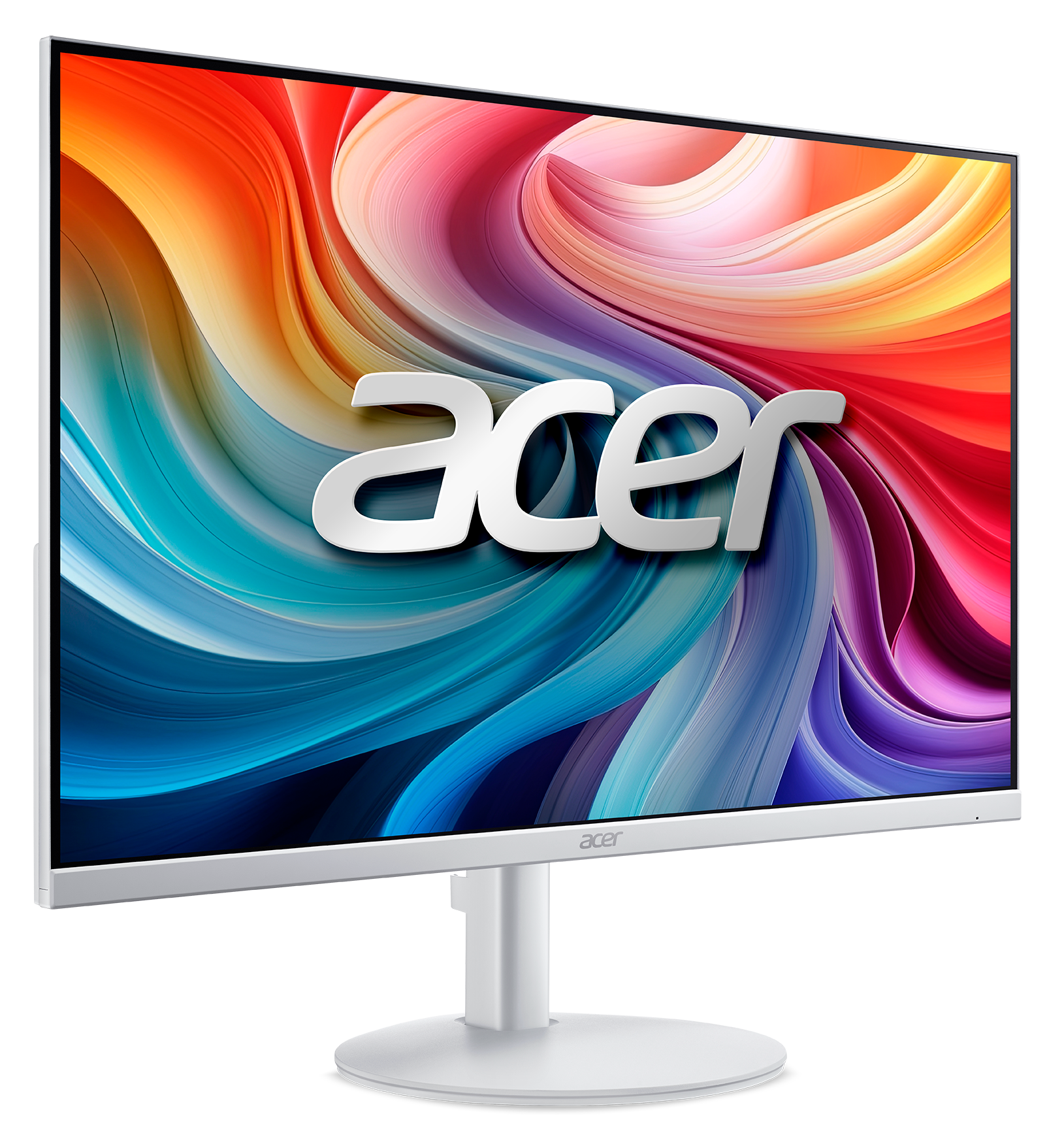 Monitor Acer z białą ramą i podstawą. Ekran wyświetla kolorowe, abstrakcyjne wiry. Logo Acer na ekranie.