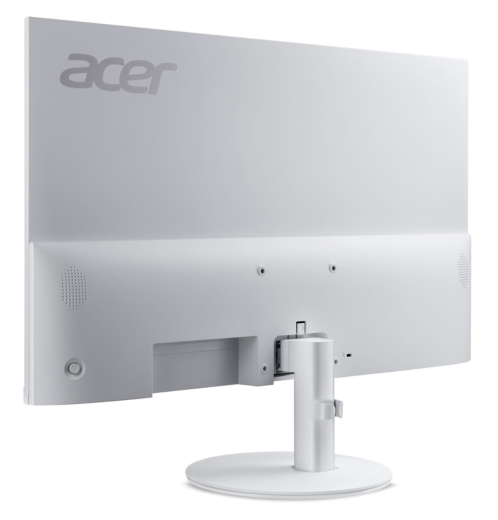 Widoczny tył białego monitora Acer. Ma podstawę i logo Acer. Tło jest czarne.