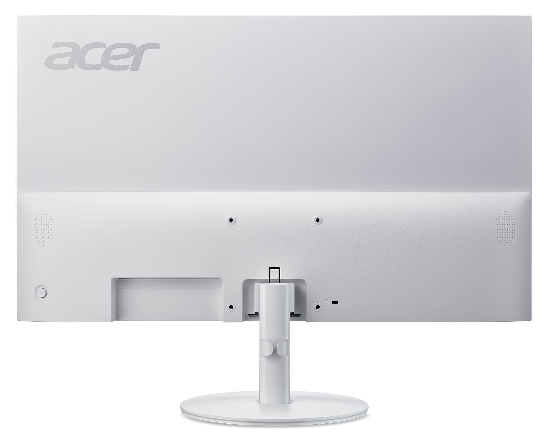 Widok z tyłu białego monitora Acer. Stojak podtrzymuje ekran. Logo Acer na górze. Czarne tło.