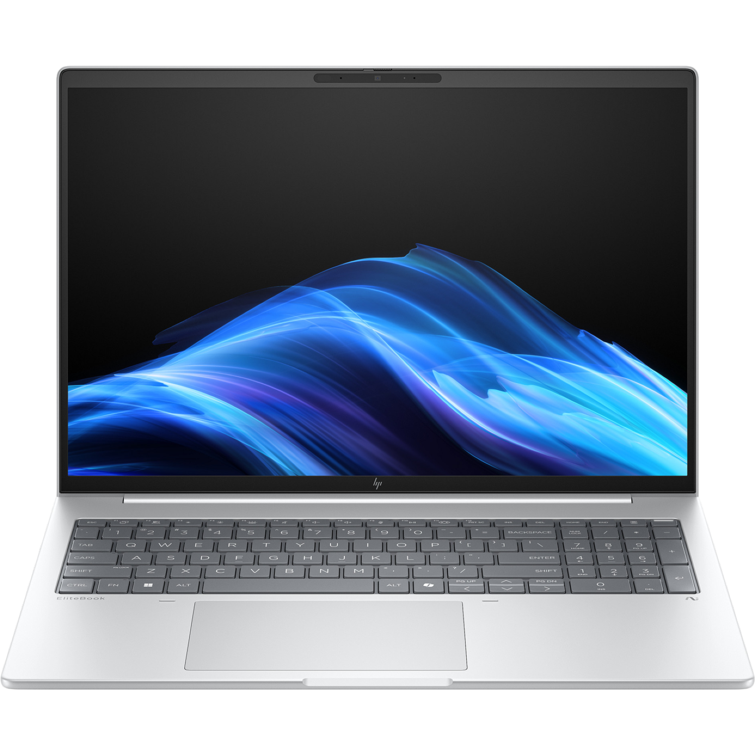 Een zilveren laptop is opengeklapt en toont een blauw en wit abstract ontwerp. Het toetsenbord is zichtbaar met een touchpad. Zwarte achtergrond.