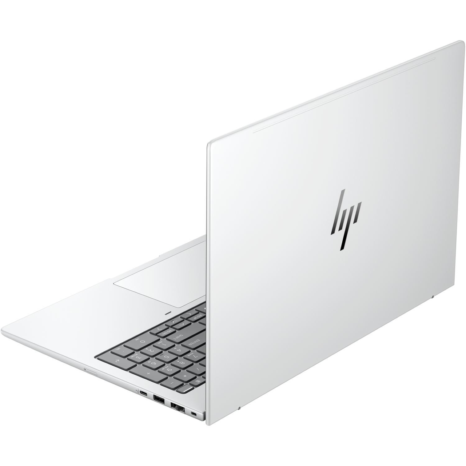 Een witte HP-laptop, open, met het toetsenbord en touchpad. De klep toont het HP-logo. De achtergrond is wit.