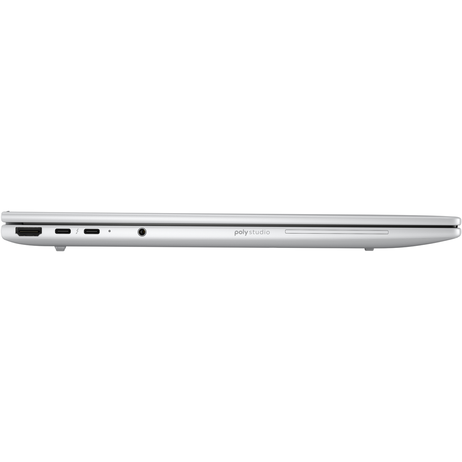 Een zilveren laptop, zijaanzicht. Poorten zichtbaar: HDMI, USB-C, audio jack en een sleuf. Tekst 'poly studio'.