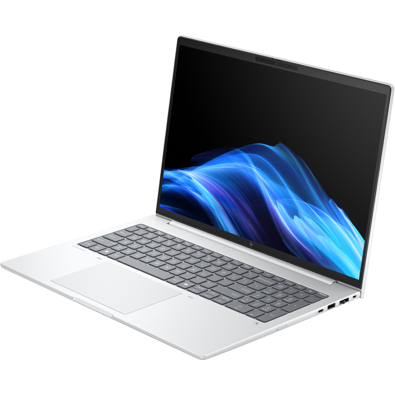 A silver laptop is open, showing a keyboard and screen. The screen displays blue and white abstract graphics. The laptop is on a white background.