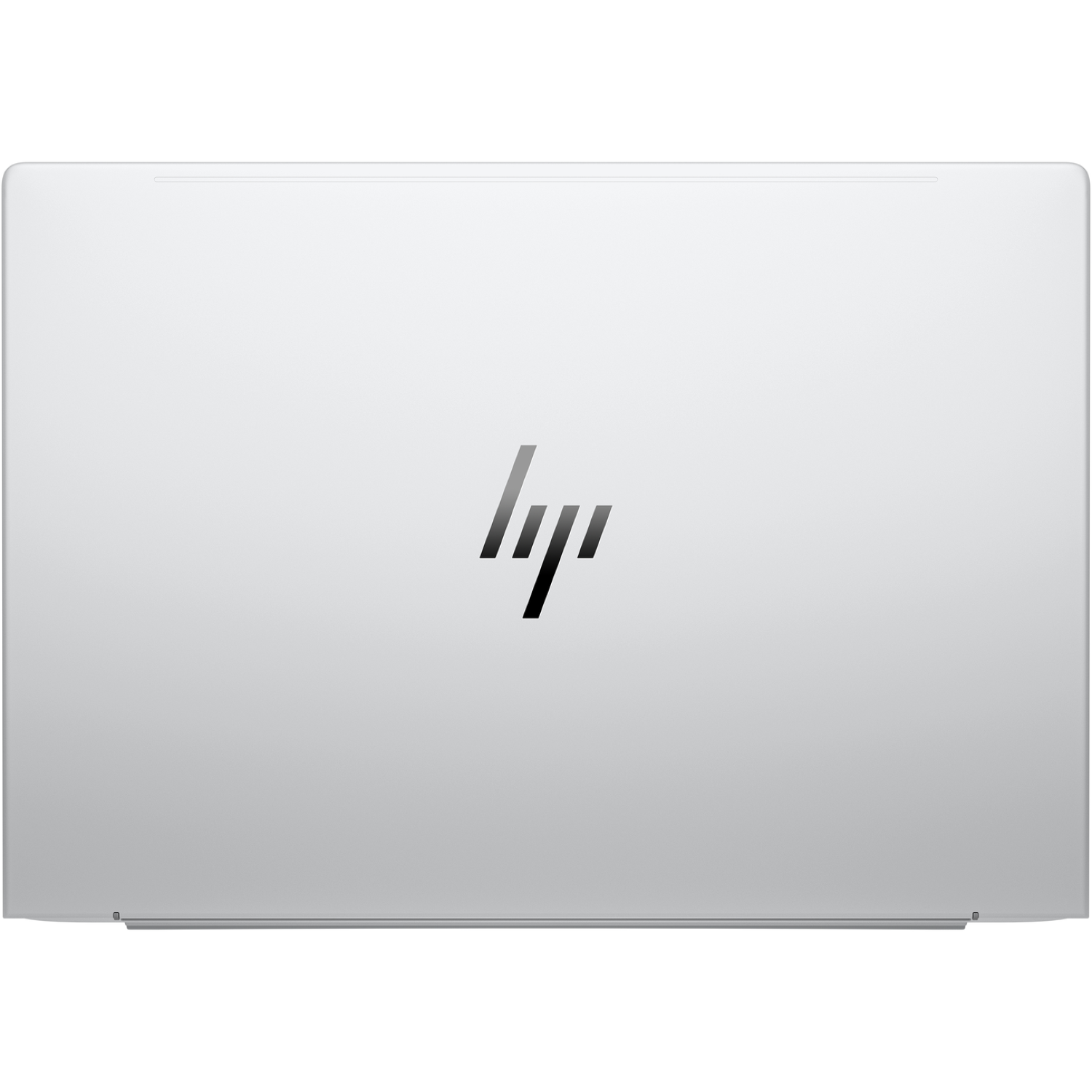 A silver laptop lid with the HP logo in the center. The lid is closed and has a clean, minimalist design with rounded corners.