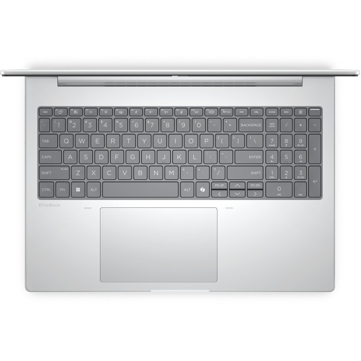 Silver laptop from above, open. Keyboard with letters and numbers visible. Touchpad below the keyboard.