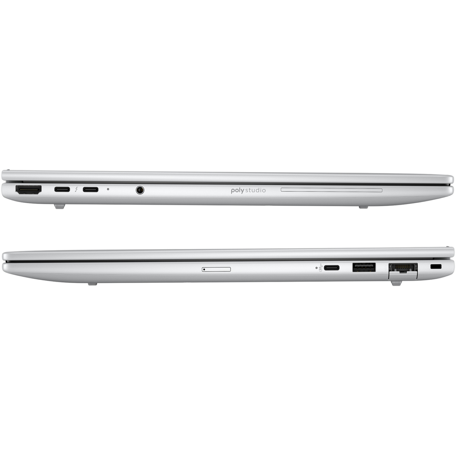 Twee zilveren laptops naast elkaar. Elk toont poorten en randen. Eén heeft 'poly studio' erop.