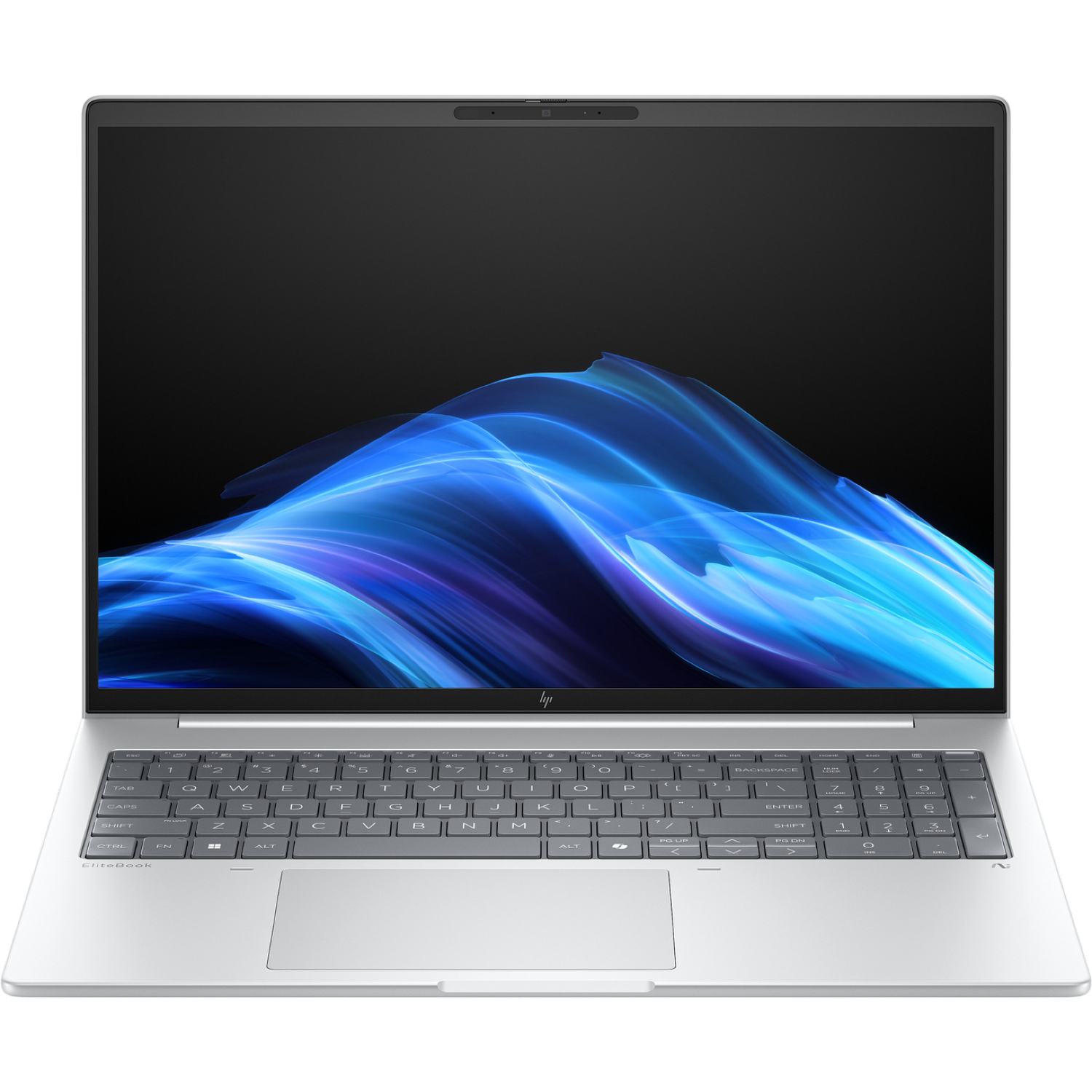Zilveren laptop open op zwarte achtergrond. Scherm toont blauw en wit abstract ontwerp. Toetsenbord zichtbaar. Laptop is een HP EliteBook.
