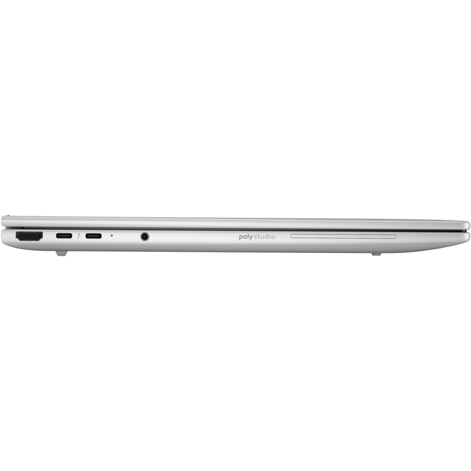 Zijaanzicht van een zilveren Poly Studio laptop. Poorten zijn onder meer HDMI, USB-C en audio jack. De laptop is gesloten.