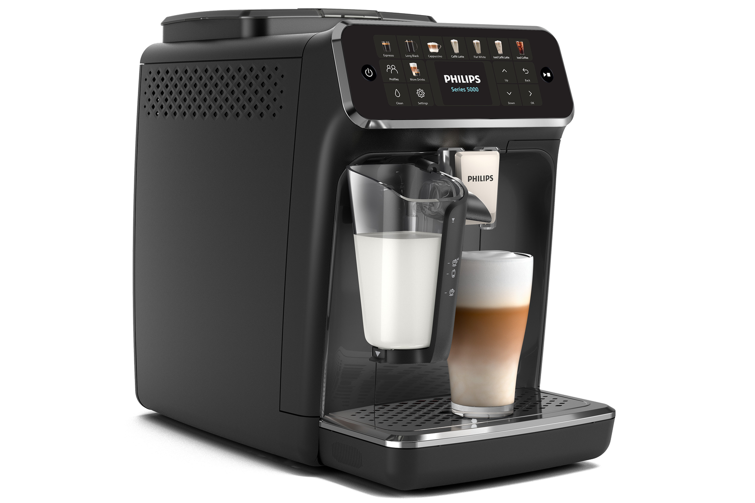 Una máquina de espresso Philips negra. Tiene una jarra de leche y un vaso con un latte en capas. La pantalla muestra opciones.