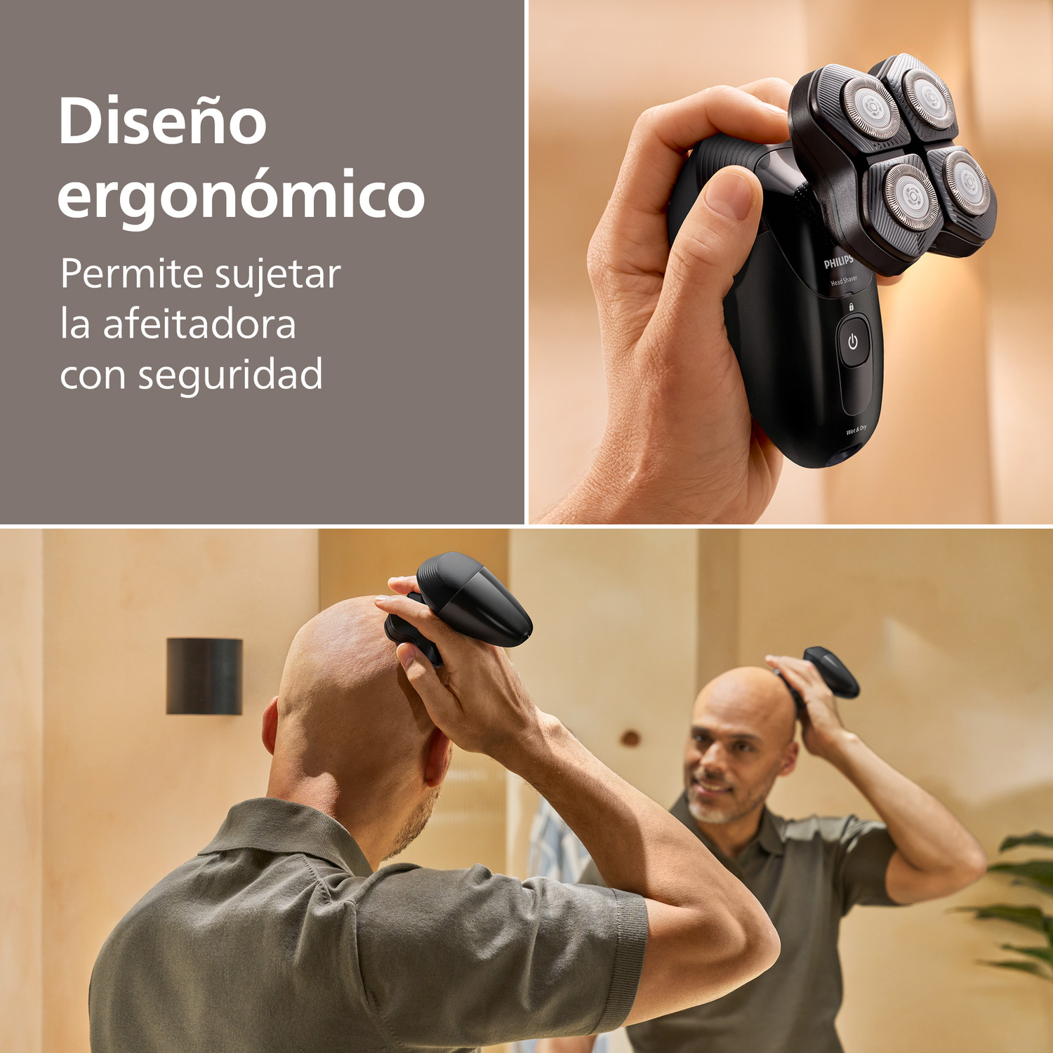 Diseño ergonómico. Permite sujetar la afeitadora con seguridad.