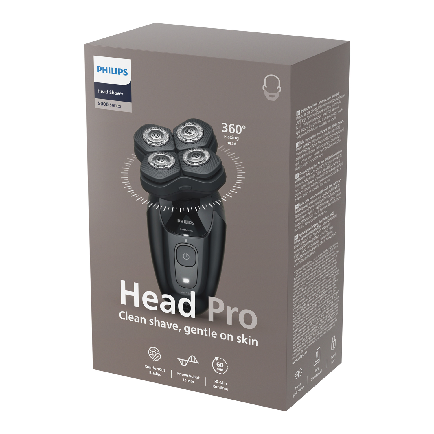 Afeitadora Philips Head Pro en caja. La afeitadora tiene cuatro cabezales. El texto incluye 'Head Pro' y características.