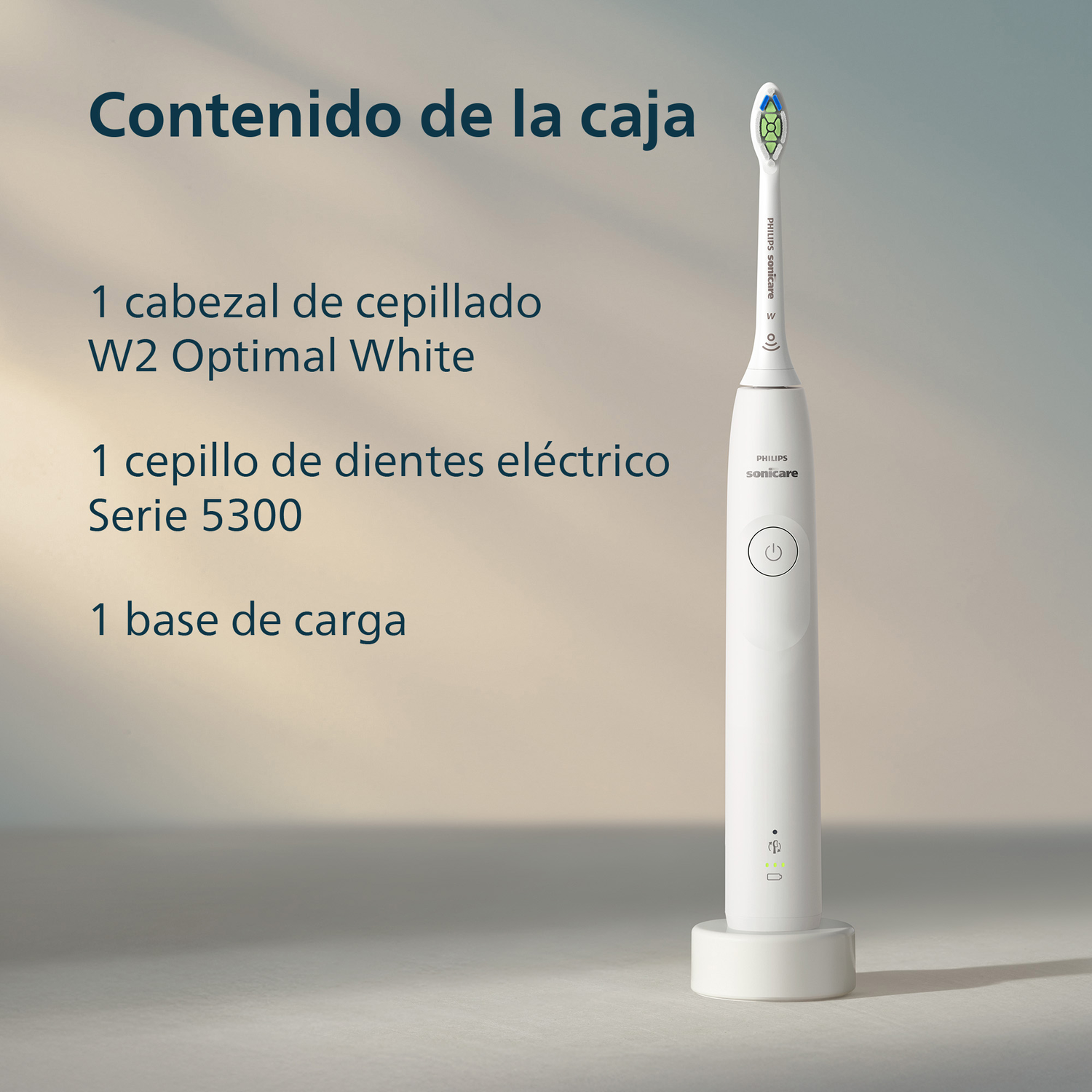 Contenido de la caja. 1 cabezal de cepillado W2 Optimal White. 1 cepillo de dientes eléctrico Serie 5300. 1 base de carga.