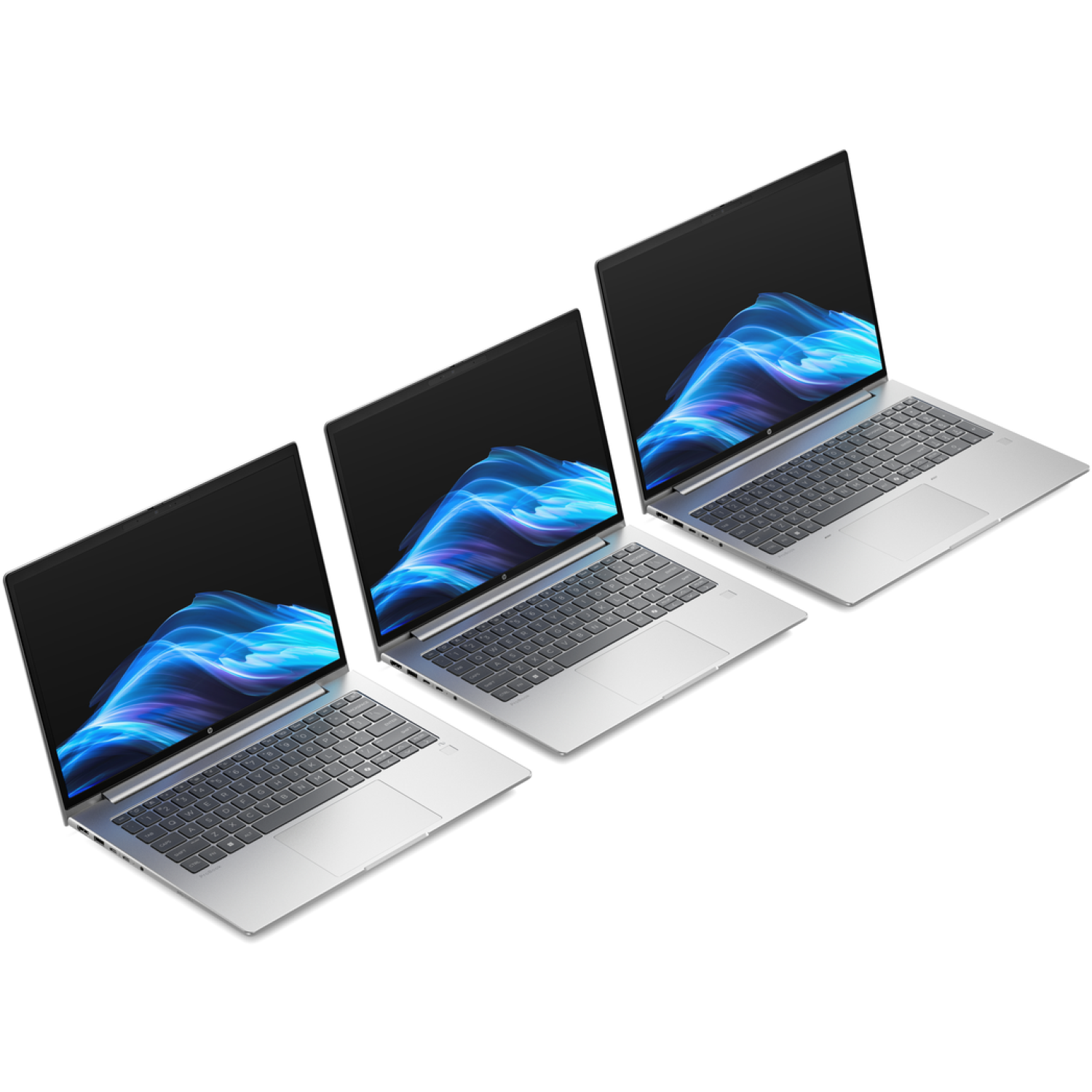 Three silver laptops with black screens displaying blue abstract art are arranged diagonally on a white background.