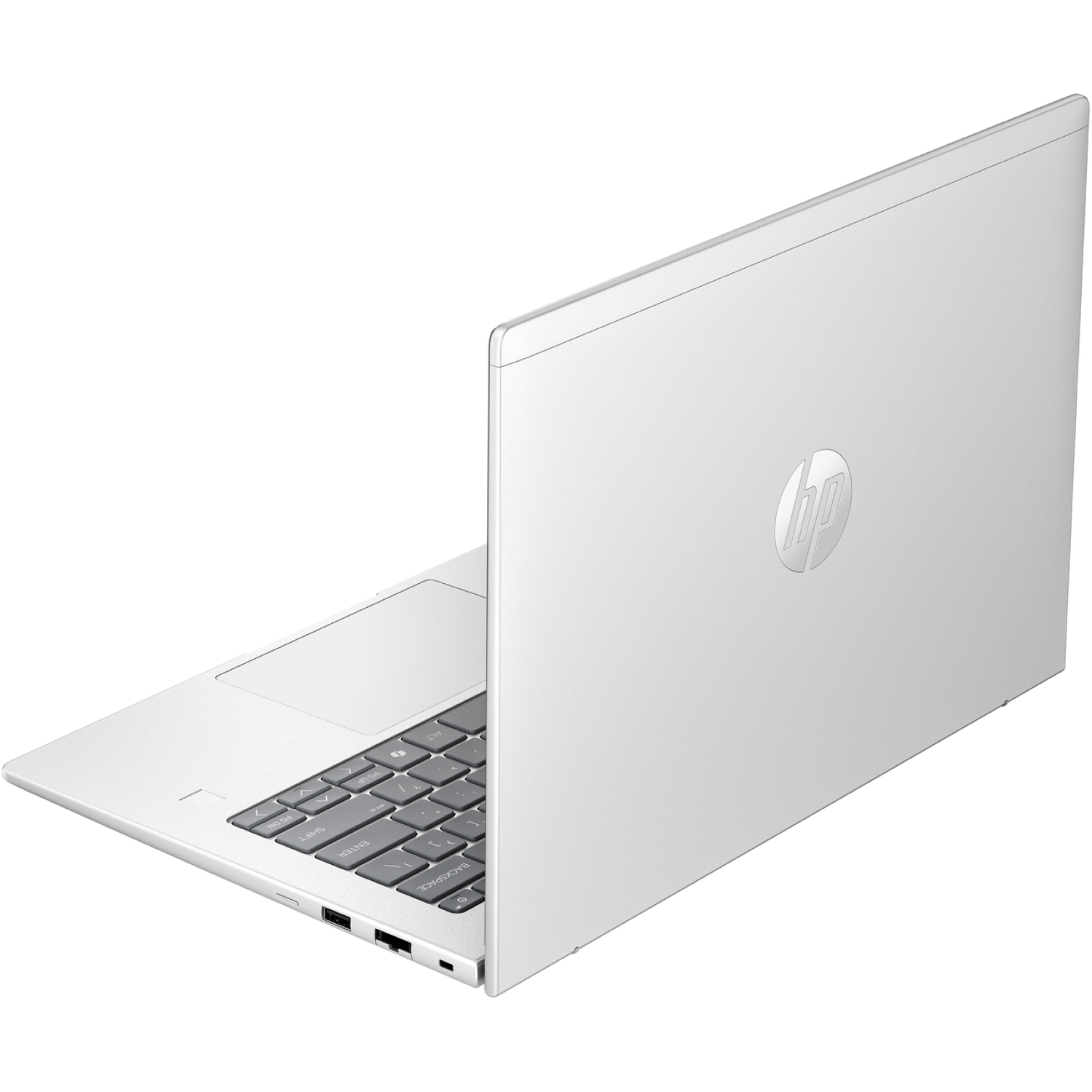 A silver HP laptop is slightly open, showing the keyboard and touchpad. The HP logo is visible on the back cover.