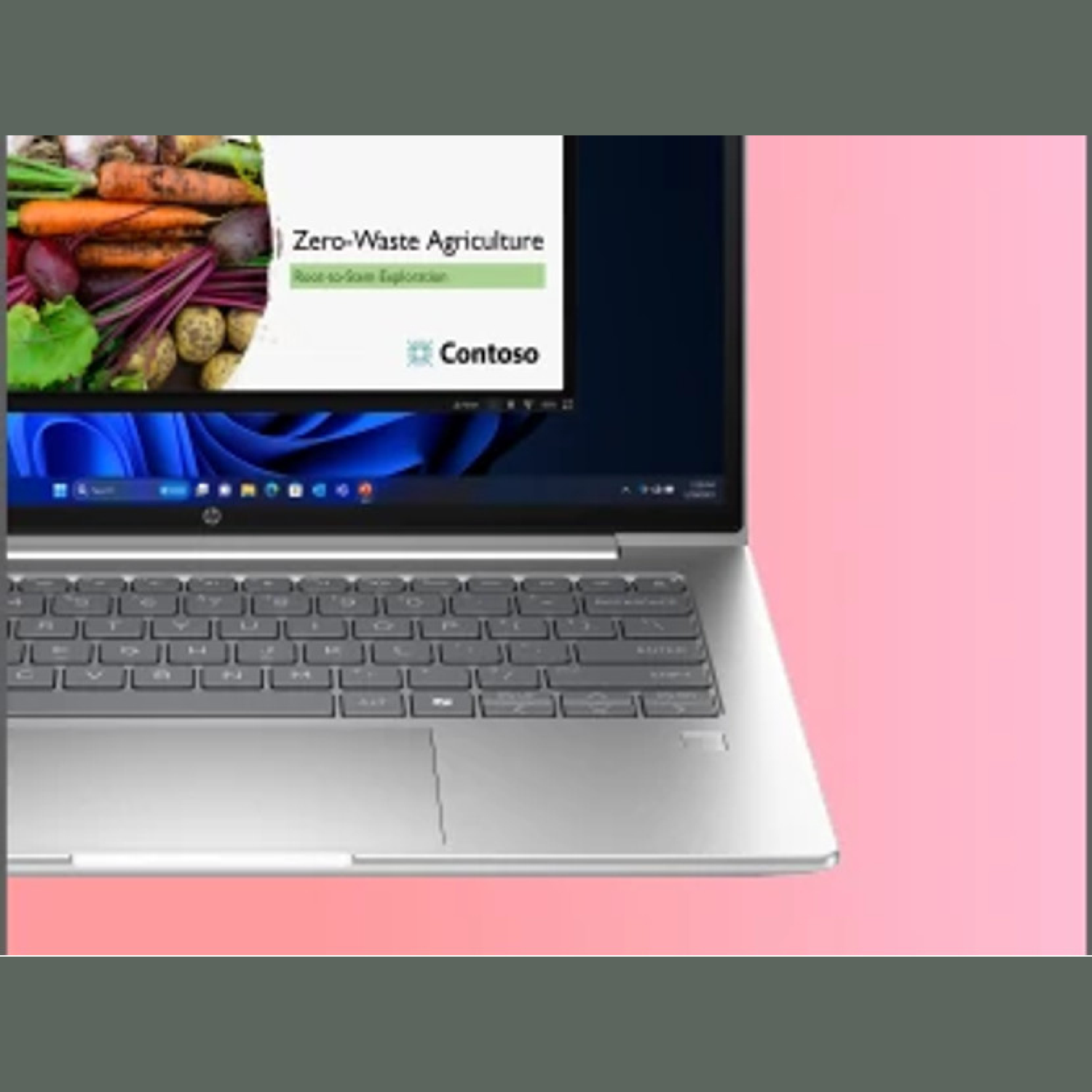 Laptop displays a presentation on zero-waste agriculture. Carrots, beets, and other vegetables are visible on the screen.