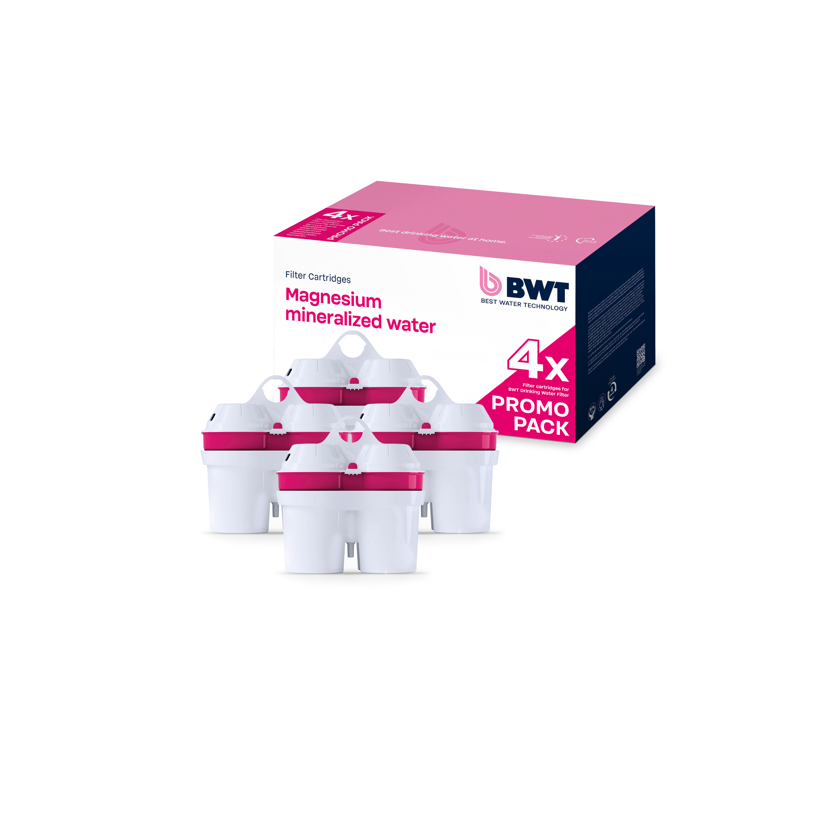 Eine weiße und rosa Schachtel mit Wasserfiltern und Text über magnesiummineralisiertes Wasser und BWT.